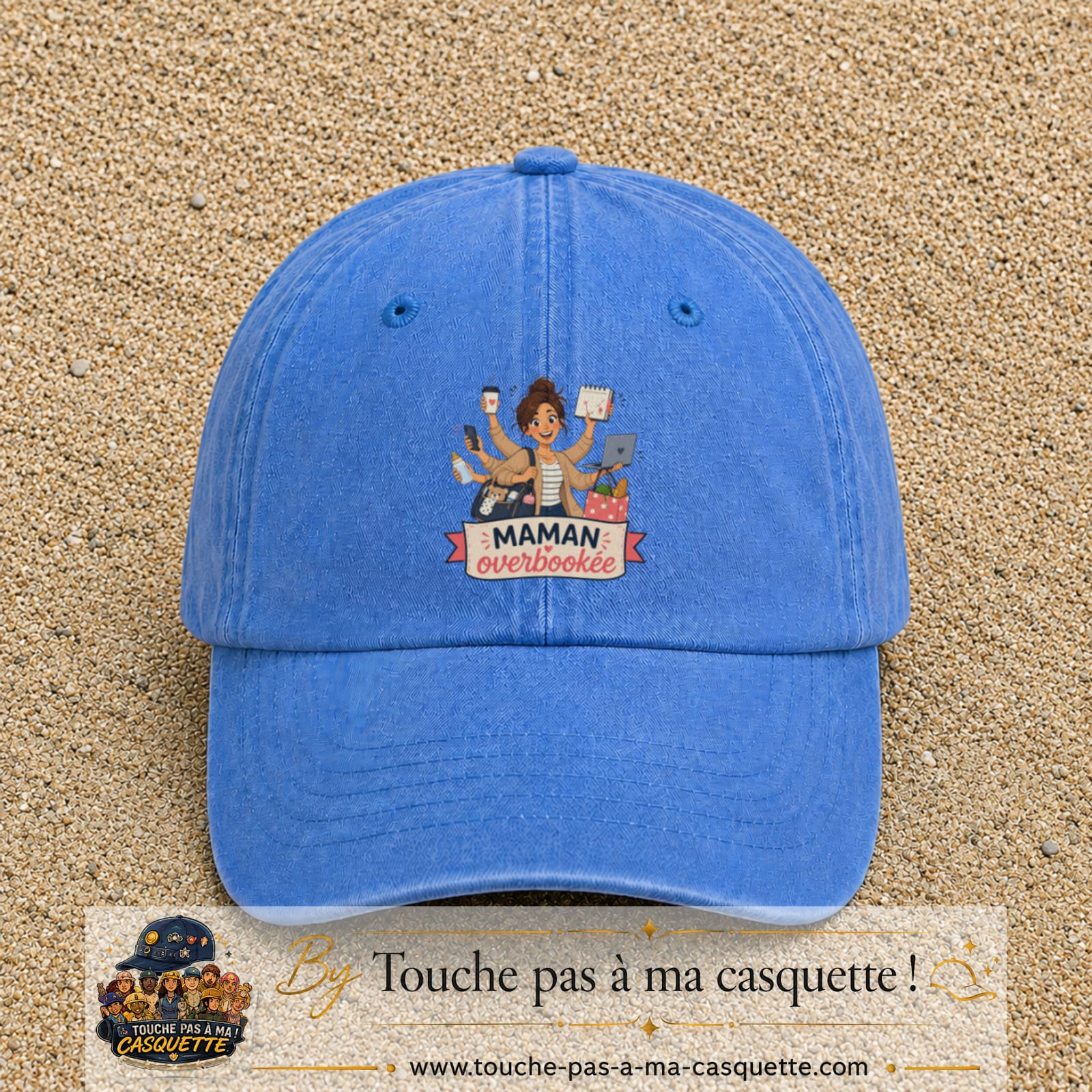 Casquette baseball Bleu ciel délavé 100% coton avec visuel Maman overbookée 7 cm - image produit principale