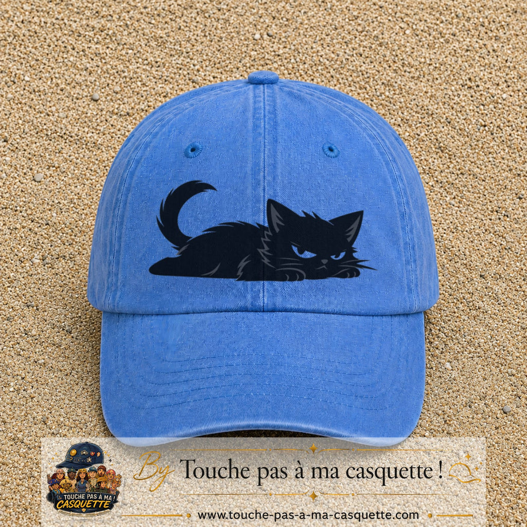 Casquette baseball Bleu ciel délavé 100% coton avec visuel Chat noir couché 7 cm - image produit principale
