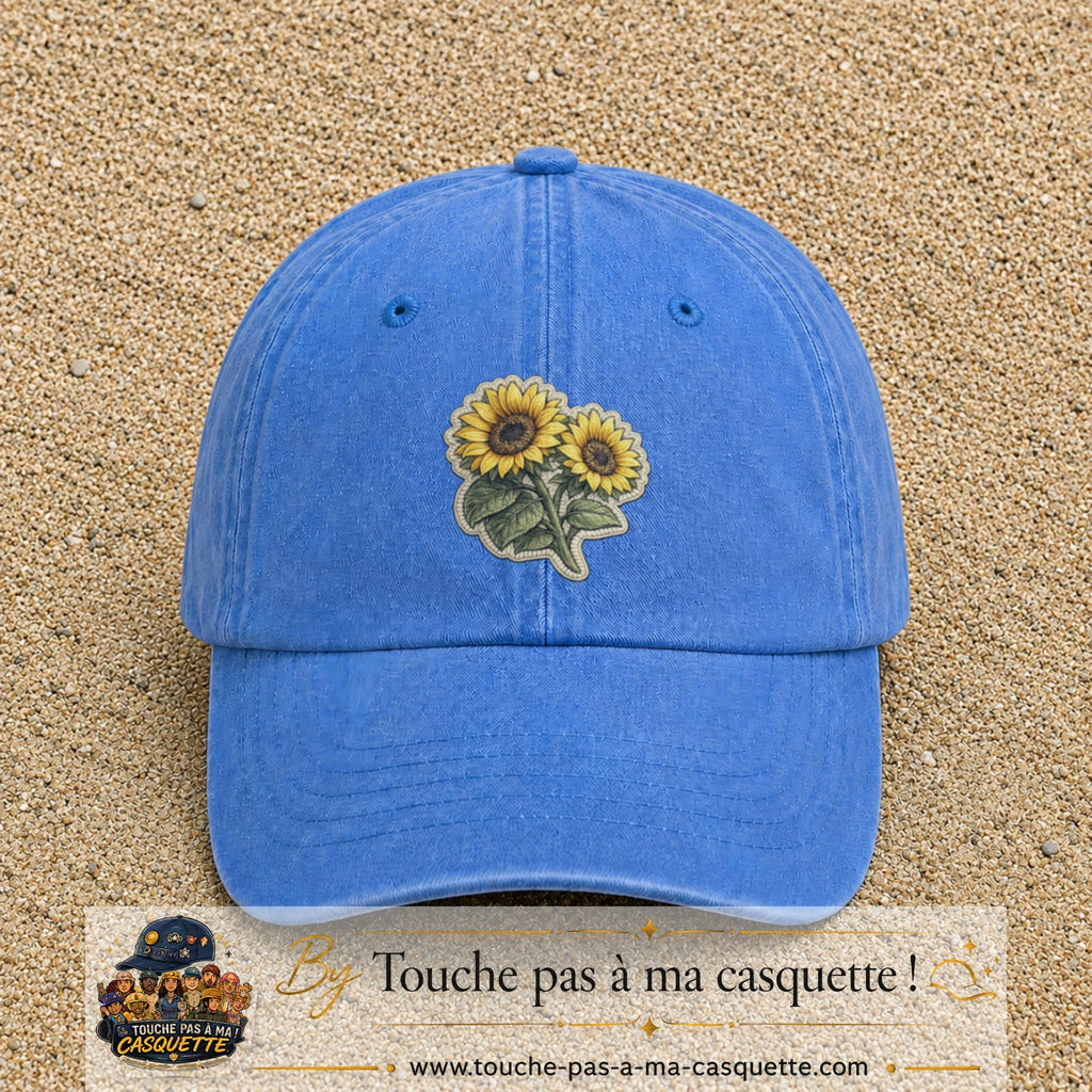 Casquette Bleu ciel délavé motif Duo de tournesols 7 cm - vue principale