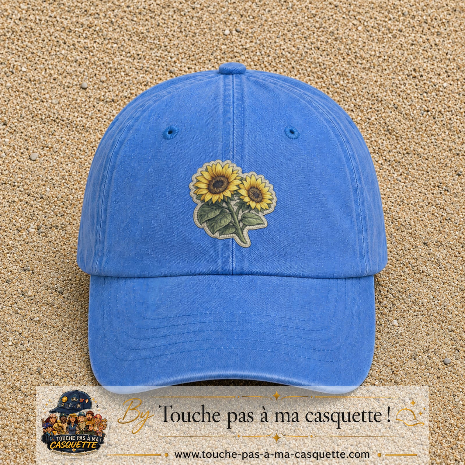 Casquette Bleu ciel délavé motif Duo de tournesols 7 cm - vue principale