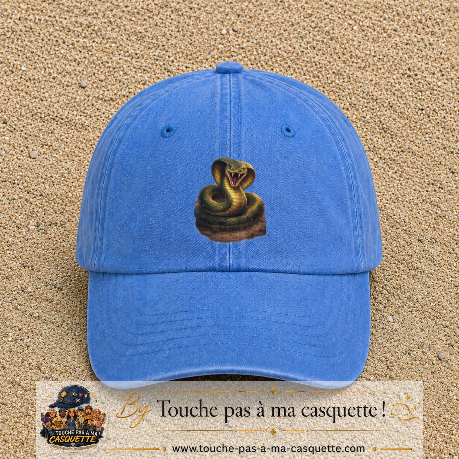 Casquette baseball Bleu ciel délavé 100% coton avec visuel Cobra réaliste 7 cm - image produit principale