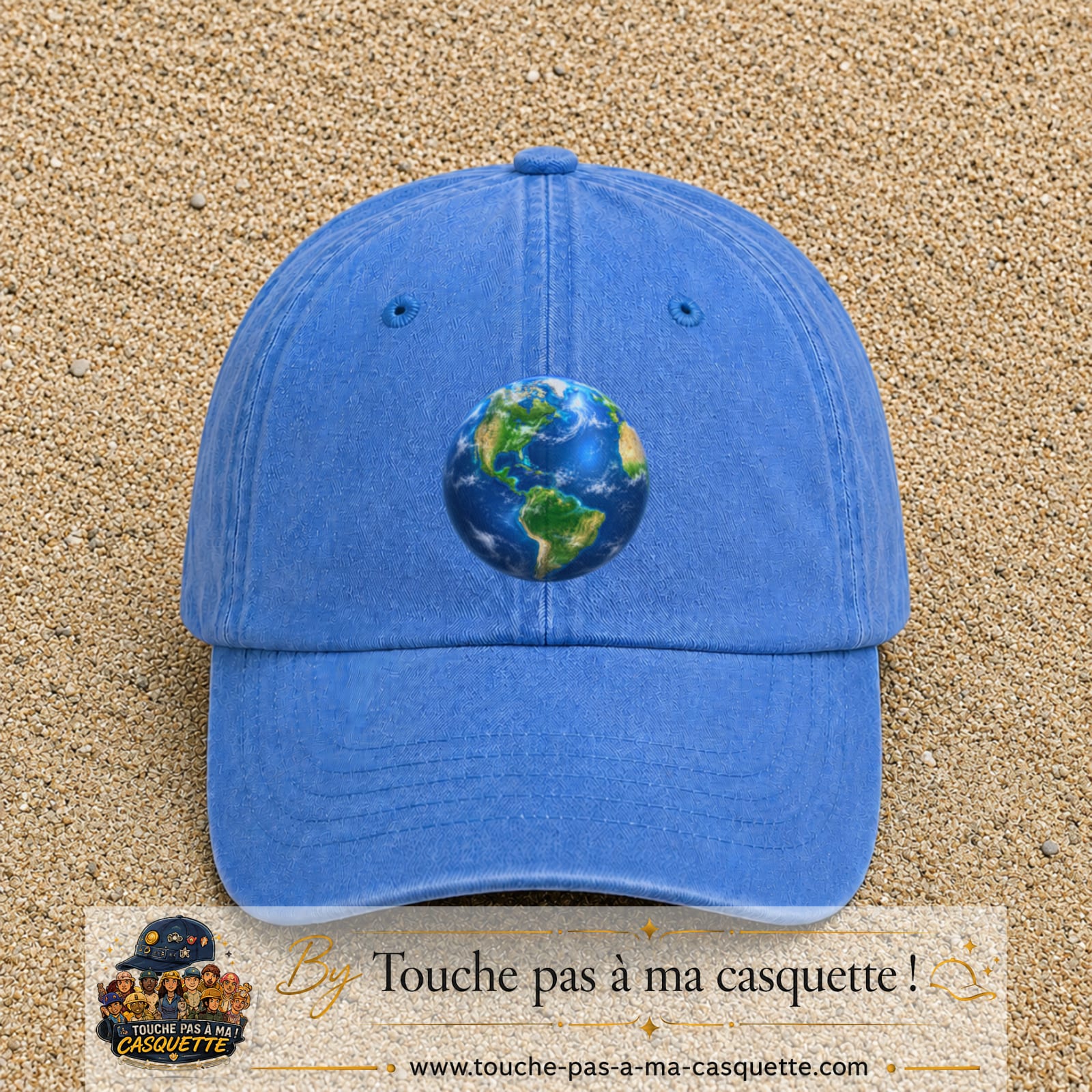 Casquette baseball Bleu ciel délavé 100% coton avec visuel Planète Terre réaliste 7 cm - image produit principale