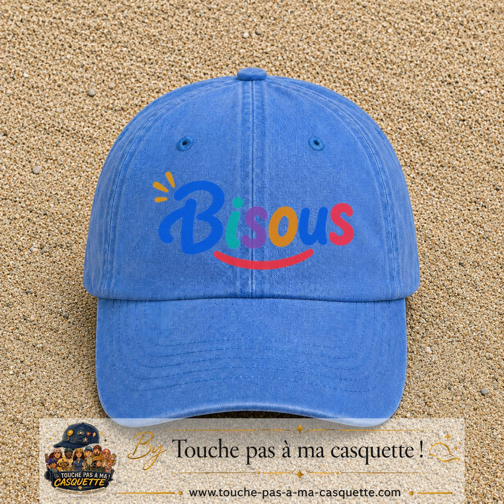 Casquette baseball Bleu ciel délavé 100% coton avec visuel Bisous coloré 7 cm - image produit principale