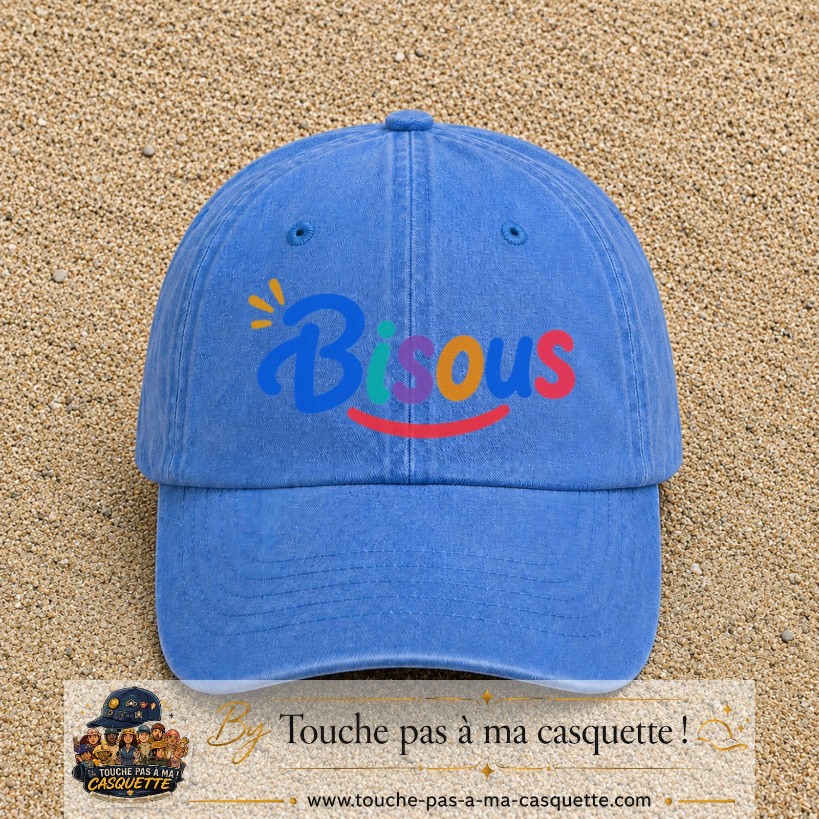 Casquette baseball Bleu ciel délavé 100% coton avec visuel Bisous coloré 7 cm - image produit principale