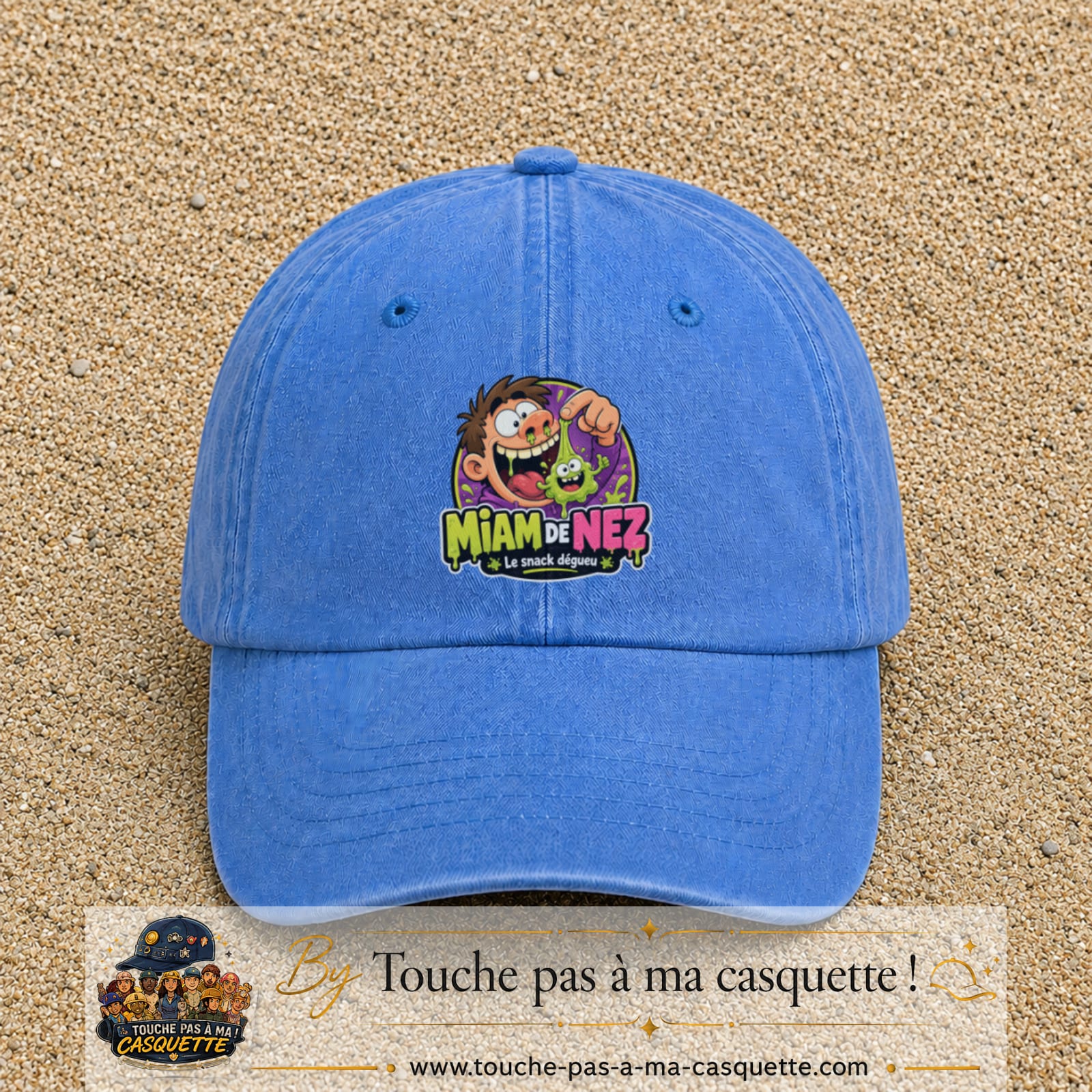 Casquette baseball Bleu ciel délavé 100% coton avec visuel Miam de nez 7 cm - image produit principale