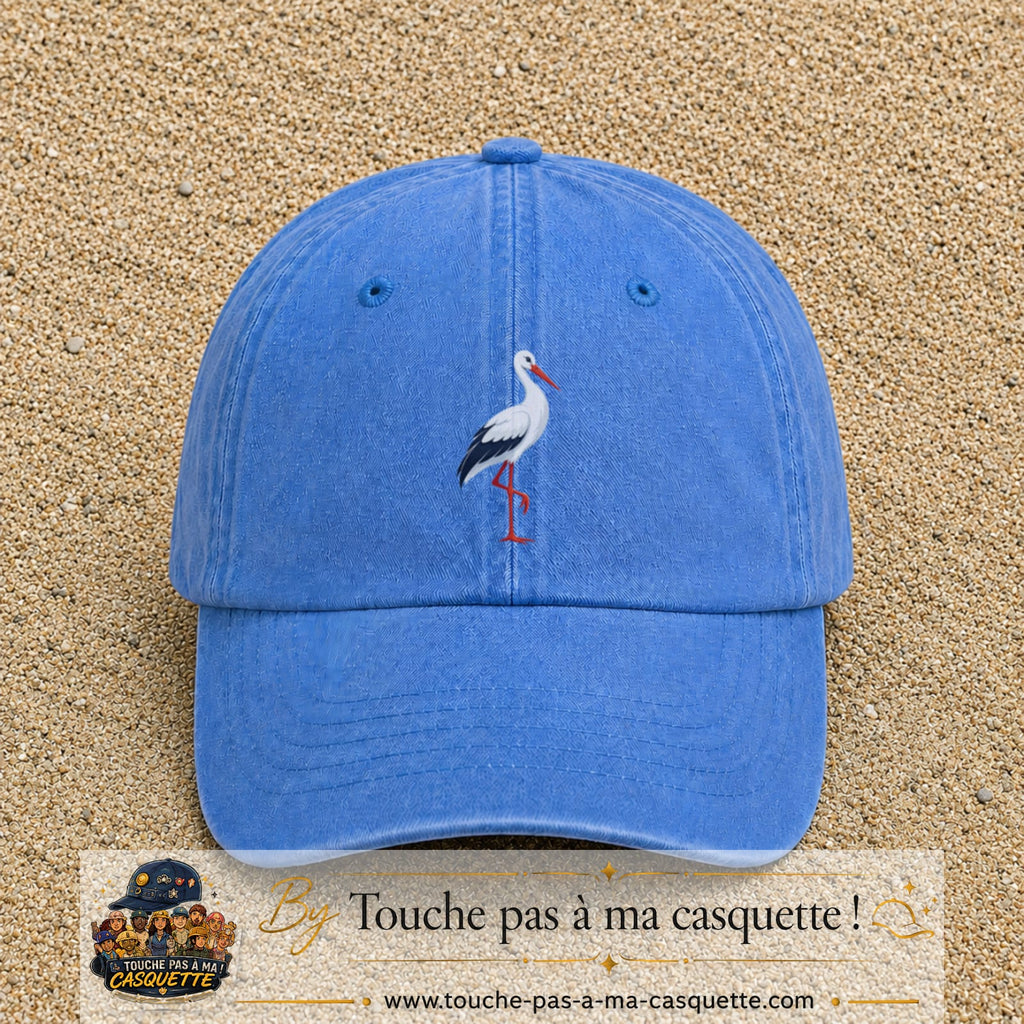 Casquette Bleu ciel délavé 100% coton avec motif Cigogne blanche 7 cm - image principale