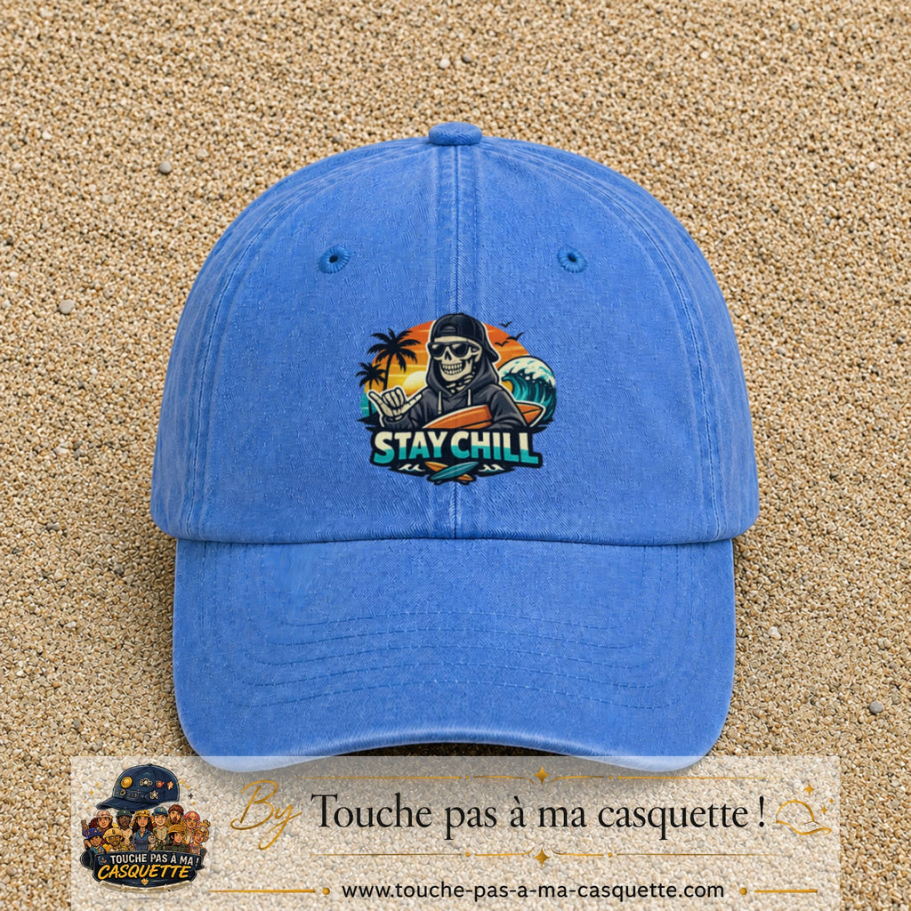 Casquette Bleu ciel délavé 100% coton avec motif Stay Chill squelette plage 7 cm - image principale