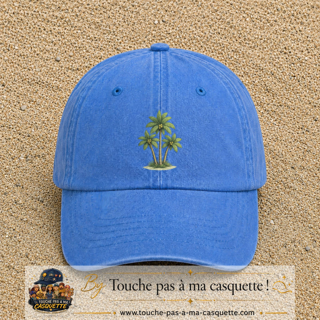 Casquette baseball Bleu ciel délavé 100% coton avec visuel Palmiers tropicaux 7 cm - image produit principale