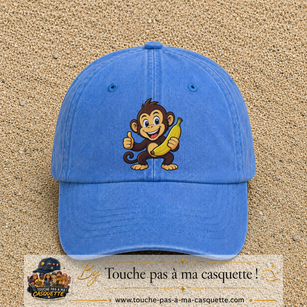 Casquette baseball Bleu ciel délavé 100% coton avec motif Singe à la banane 7 cm - image principale