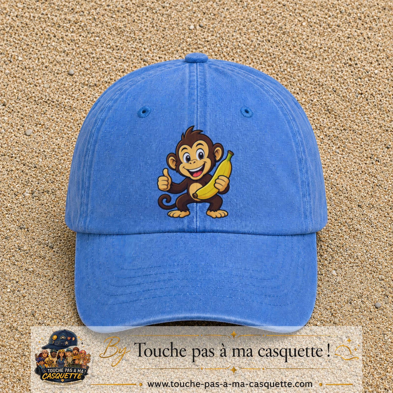 Casquette baseball Bleu ciel délavé 100% coton avec motif Singe à la banane 7 cm - image principale