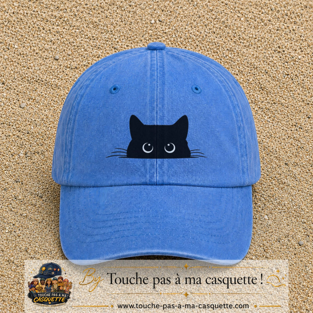 Casquette baseball Bleu ciel délavé 100% coton avec visuel Chat noir cache-cache 5 cm - image produit principale