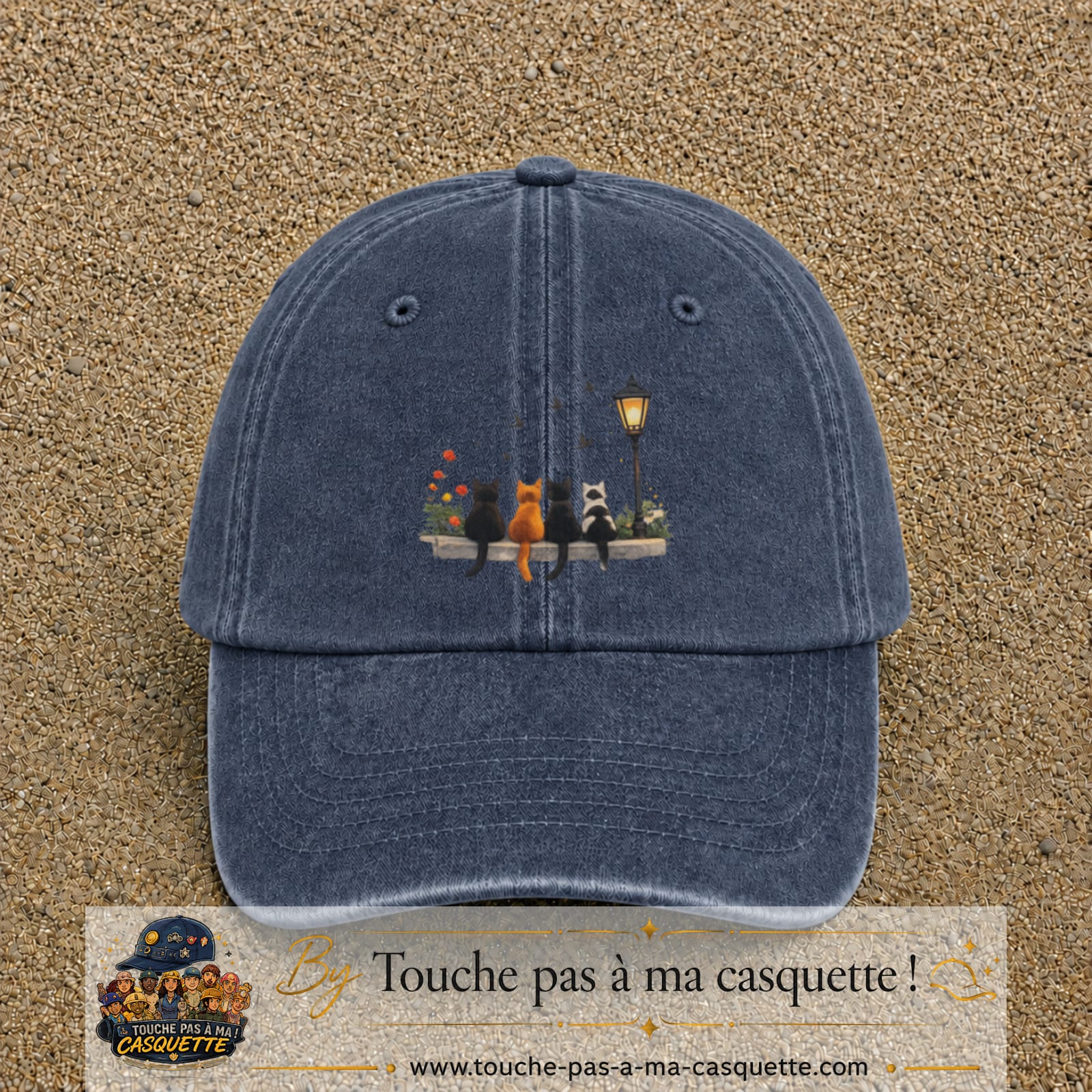 Image principale produit195grosBM - casquette Bleu marine délavé avec visuel Chats réverbère 7 cm