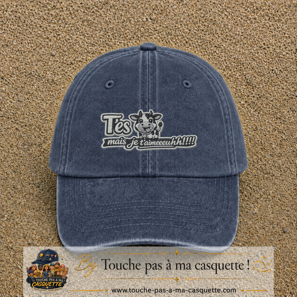 Image principale produit122moyenBM - casquette Bleu marine délavé avec visuel Vache message français 5 cm