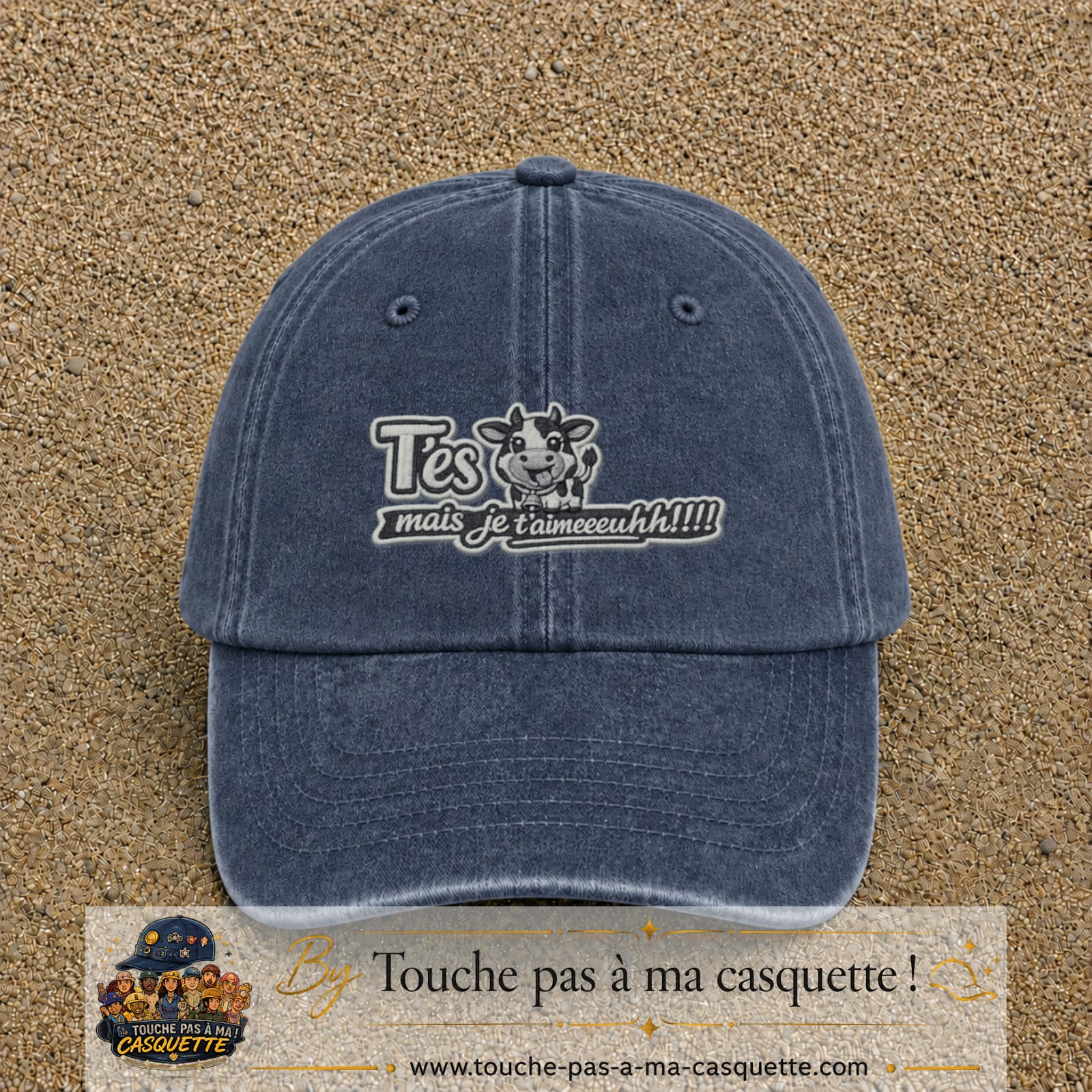 Image principale produit122moyenBM - casquette Bleu marine délavé avec visuel Vache message français 5 cm
