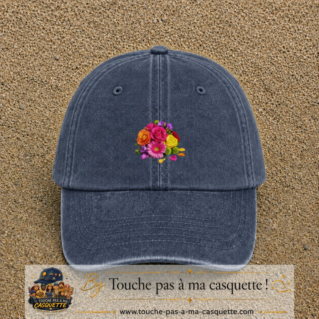 Casquette Bleu marine délavé motif Bouquet de fleurs logo 5 cm