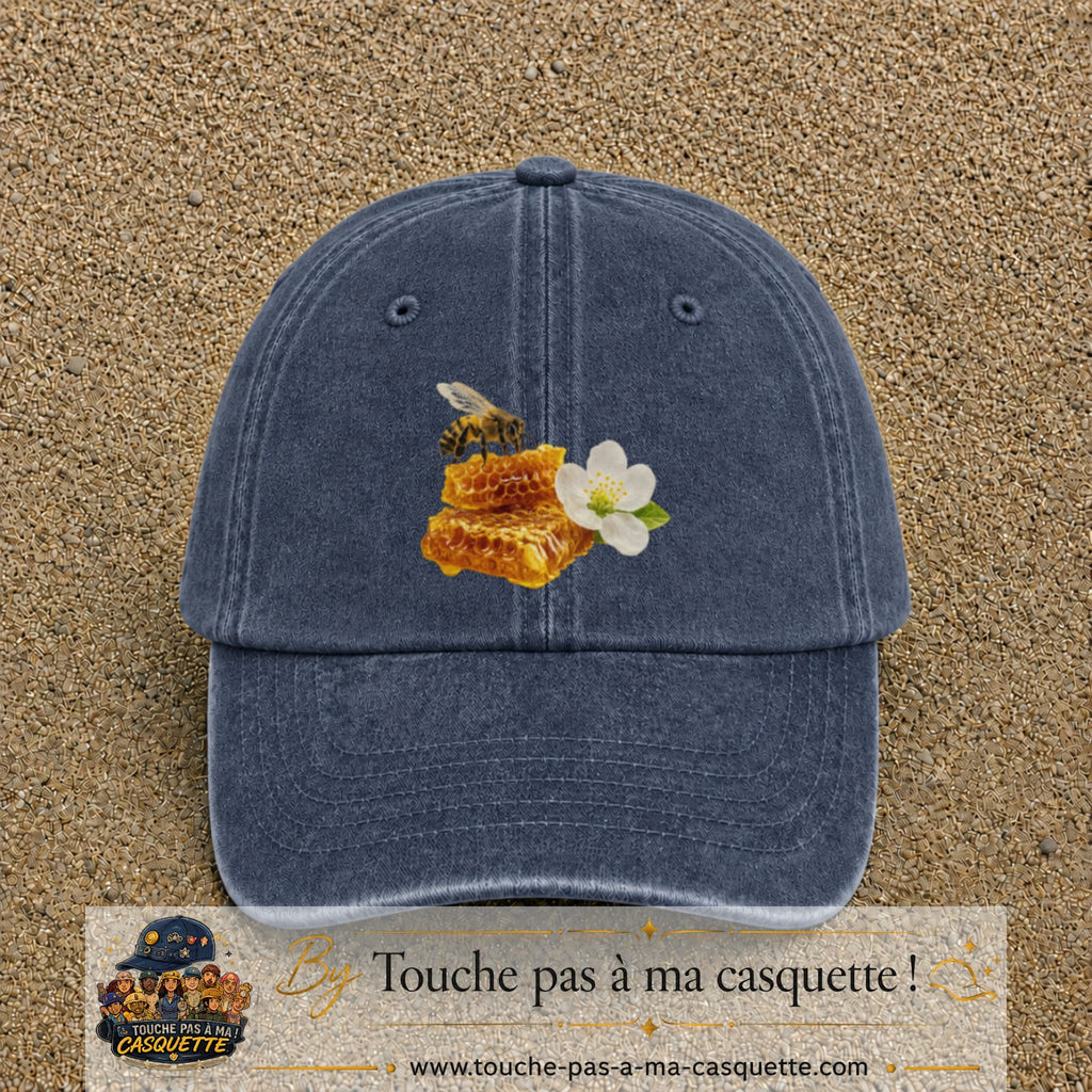 Image principale casquette Bleu marine délavé avec motif Abeille et miel 7 cm