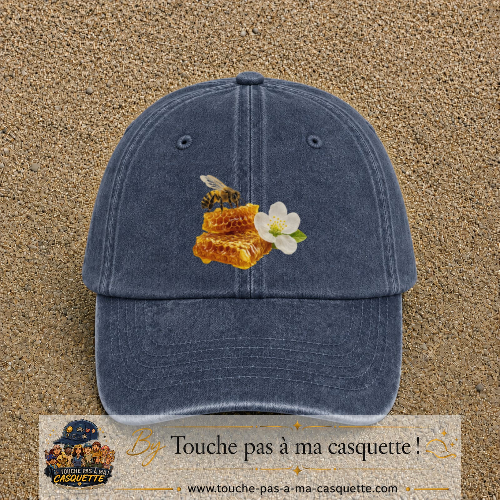 Image principale casquette Bleu marine délavé avec motif Abeille et miel 7 cm
