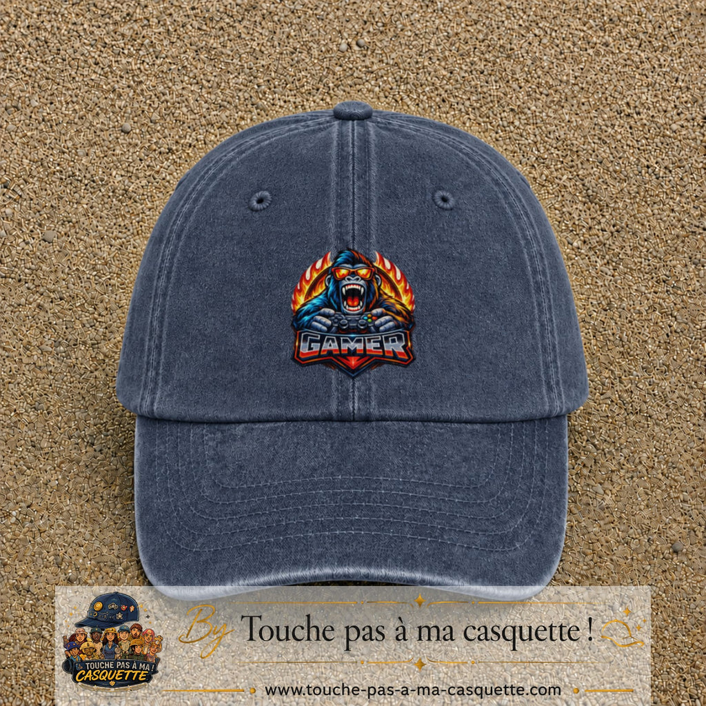 Casquette Bleu marine délavé motif Gamer gorille logo 7 cm