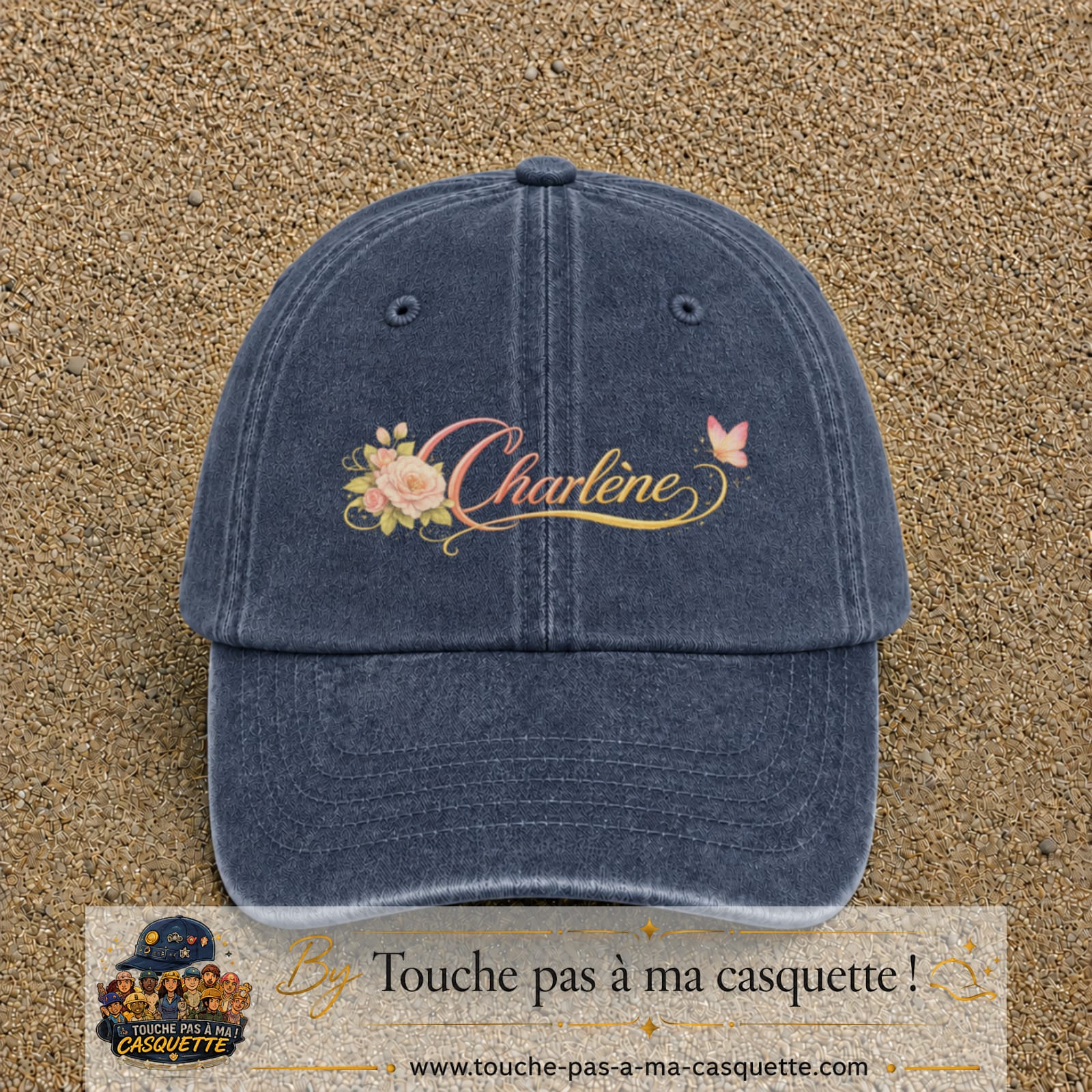 Casquette Bleu marine délavé avec motif Prénom Charlène fleuri en 7 cm – vue principale