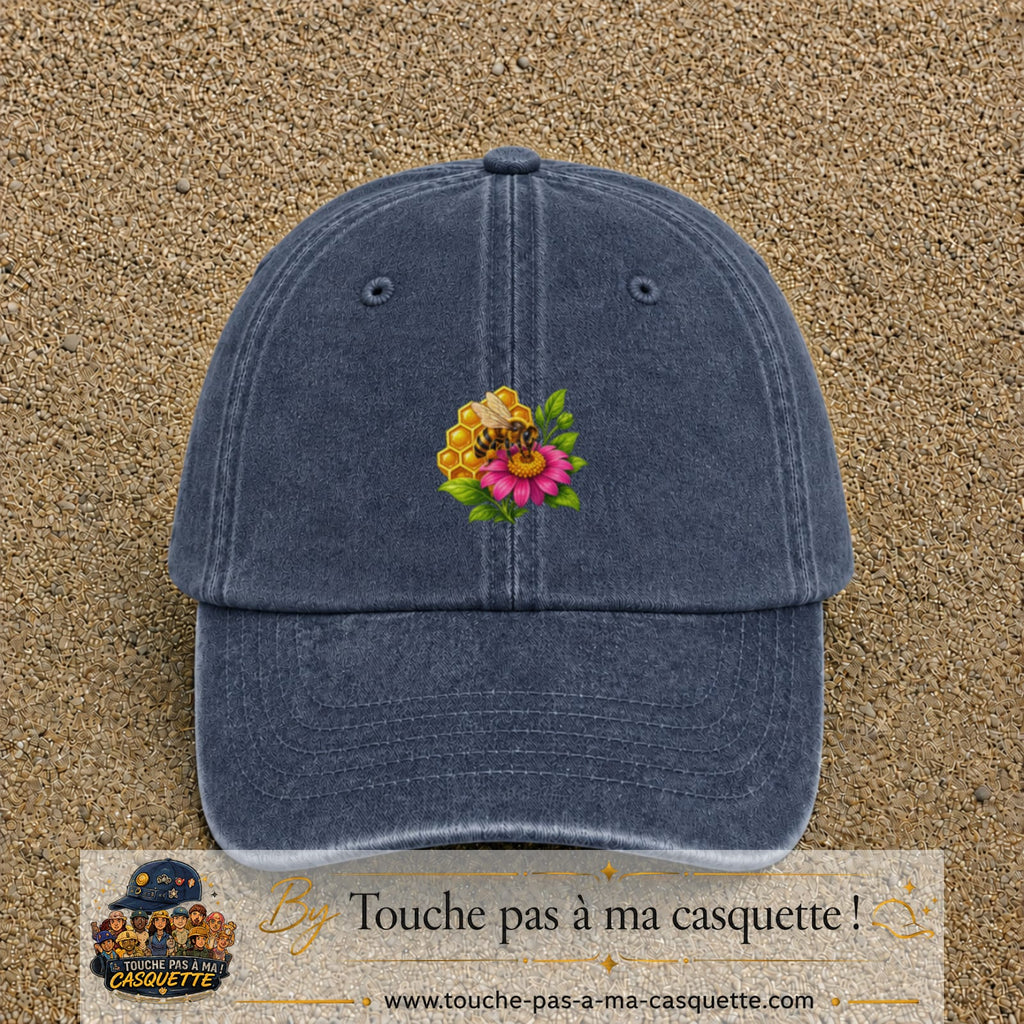 Casquette Bleu marine délavé motif Abeille et miel logo 5 cm