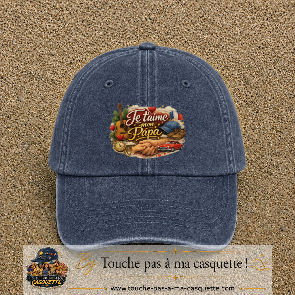 Casquette Bleu marine délavé avec motif Je t’aime mon Papa et ses passions en 7 cm – vue principale