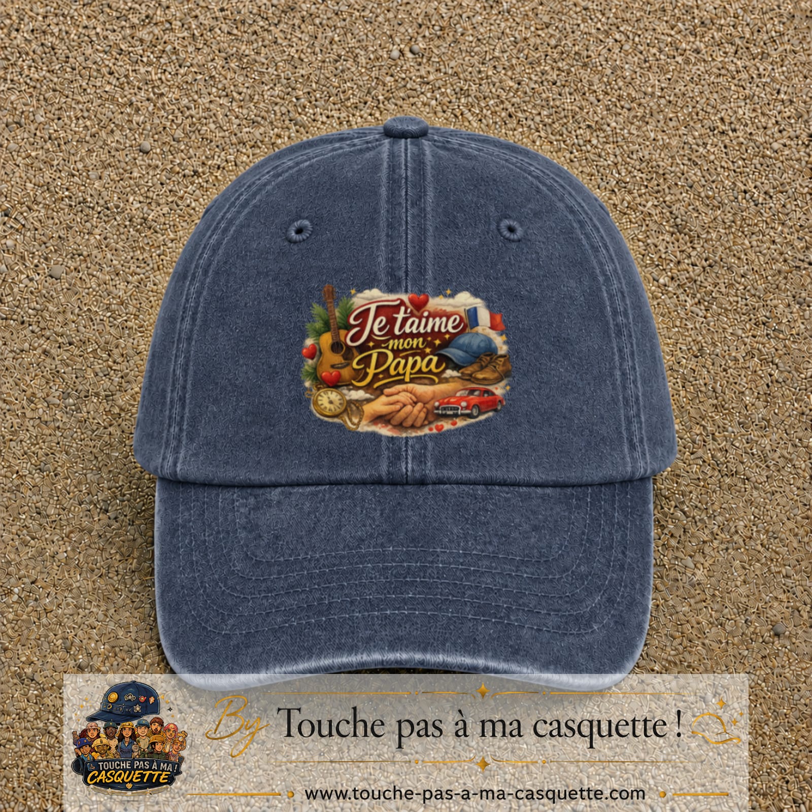 Casquette Bleu marine délavé avec motif Je t’aime mon Papa et ses passions en 7 cm – vue principale