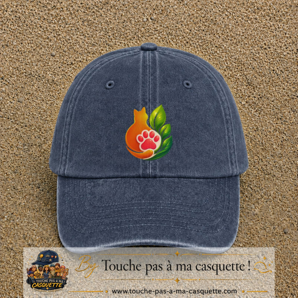 Casquette Bleu marine délavé motif Chat feuille logo 7 cm