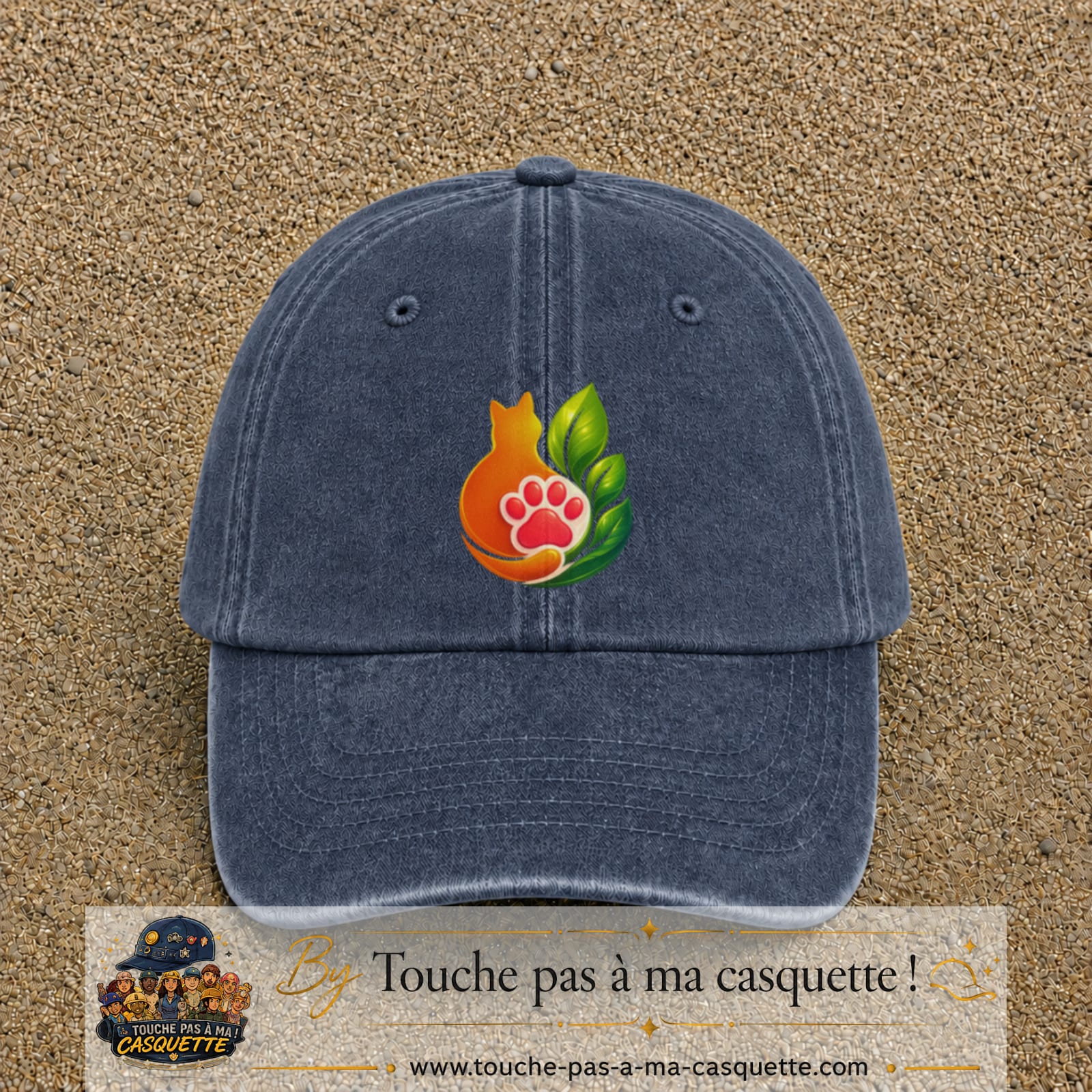 Casquette Bleu marine délavé motif Chat feuille logo 7 cm