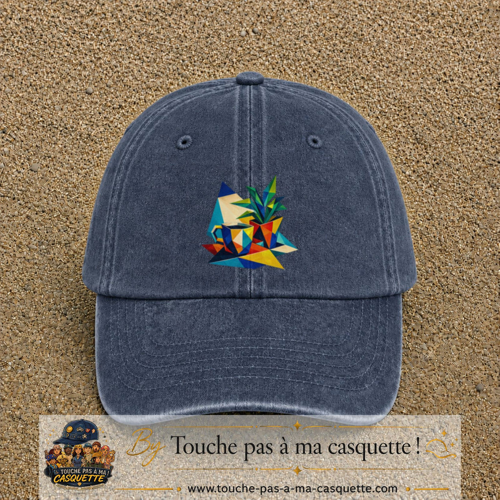 Casquette Bleu marine délavé motif Plante graphique logo 7 cm