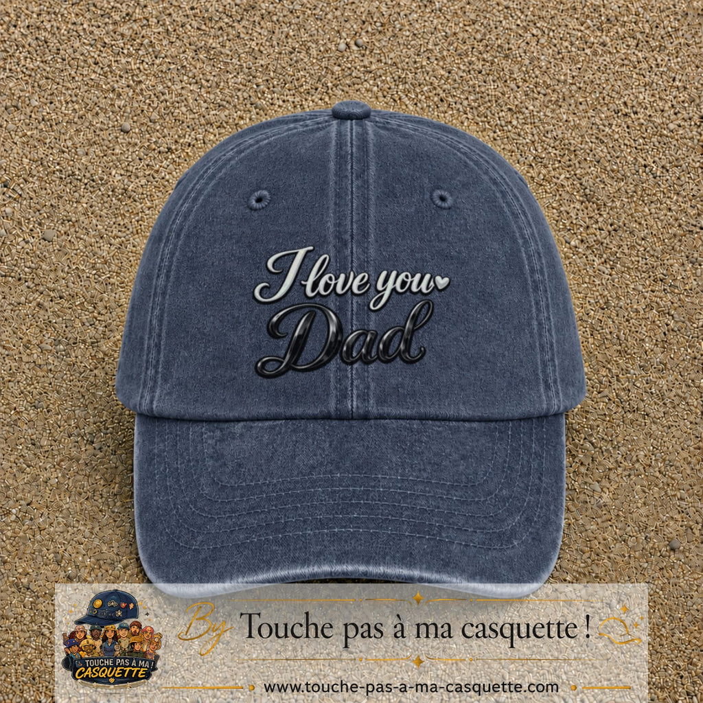 Casquette Bleu marine délavé avec motif I Love You Dad en calligraphie en 7 cm – vue principale