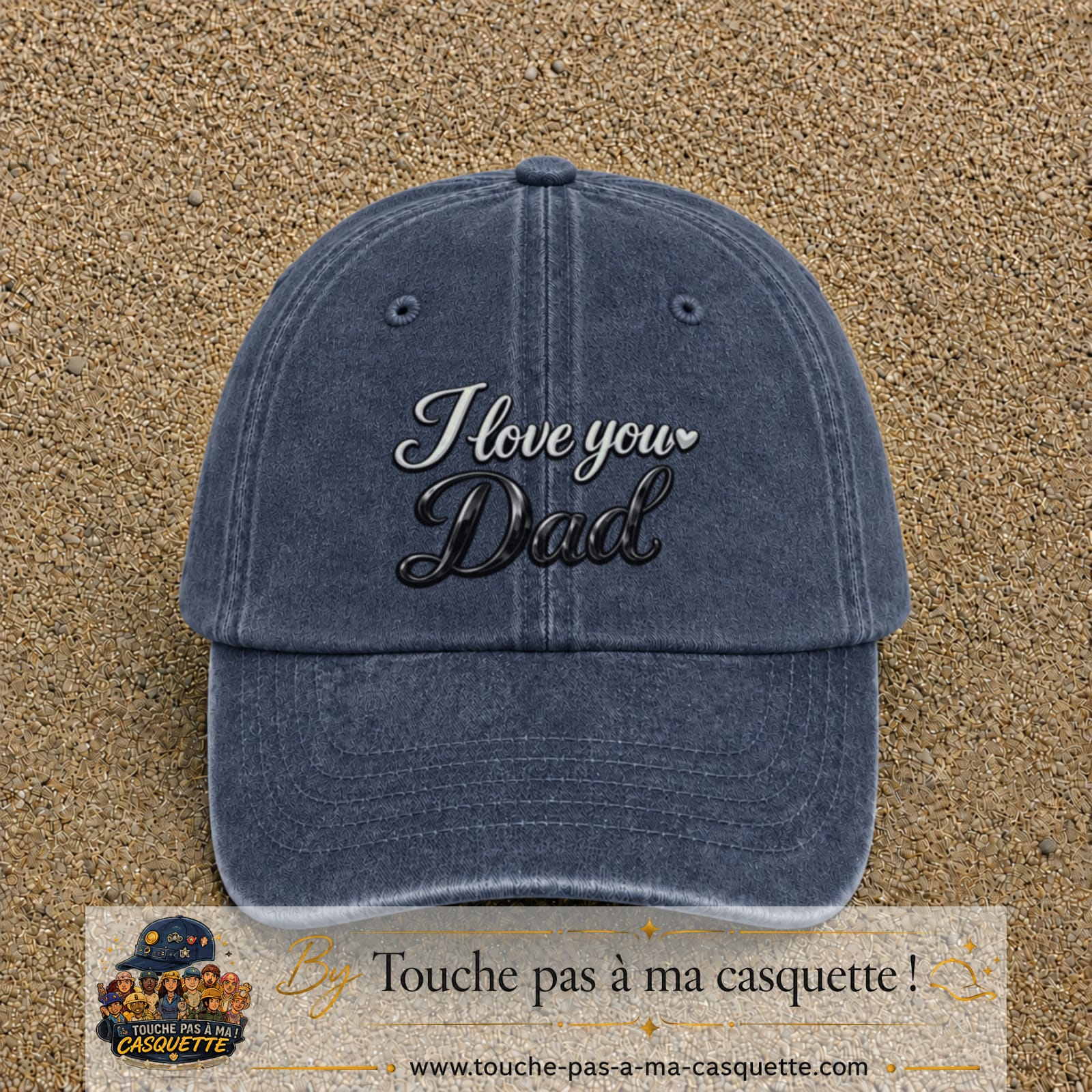 Casquette Bleu marine délavé avec motif I Love You Dad en calligraphie en 7 cm – vue principale