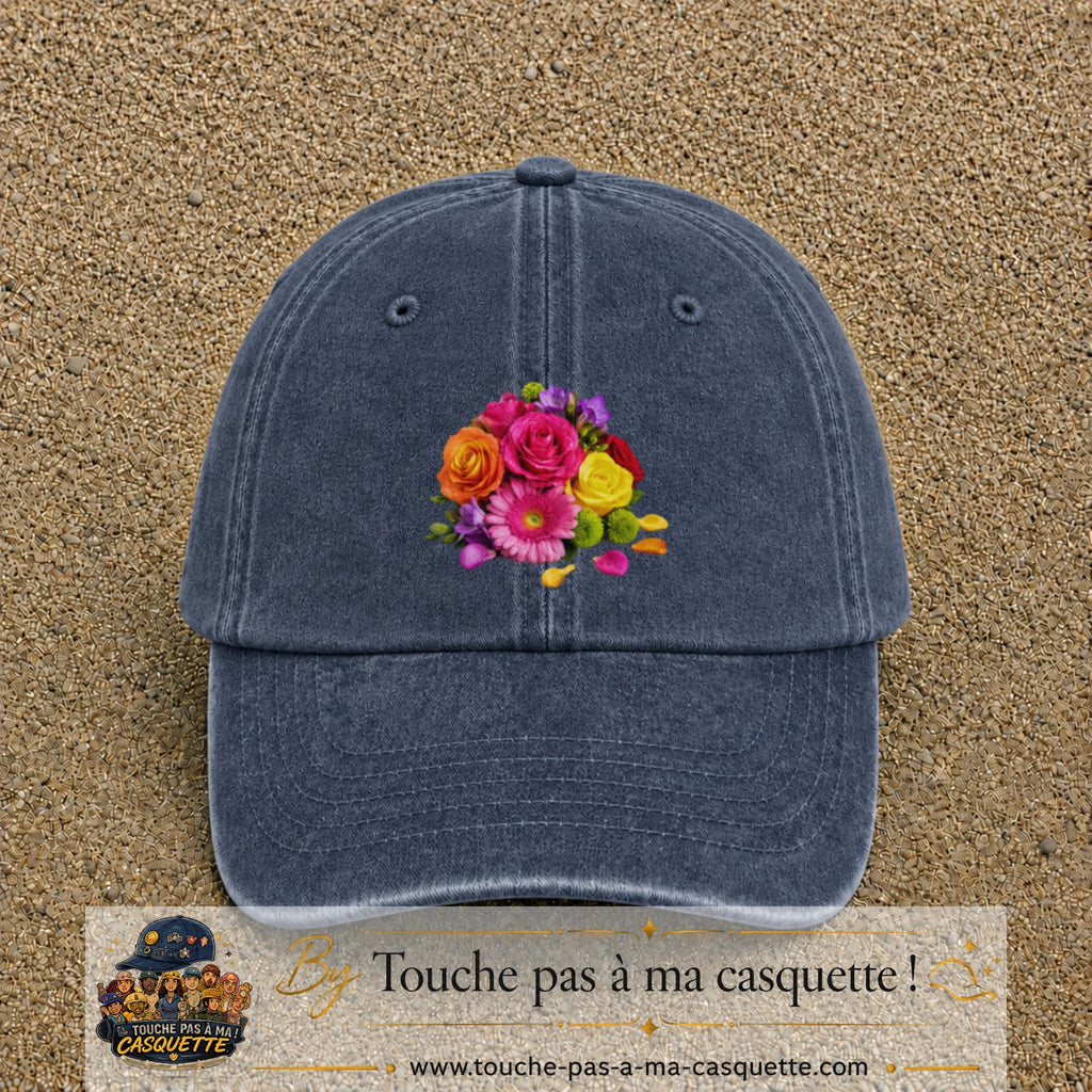 Casquette Bleu marine délavé motif Bouquet de fleurs logo 7 cm