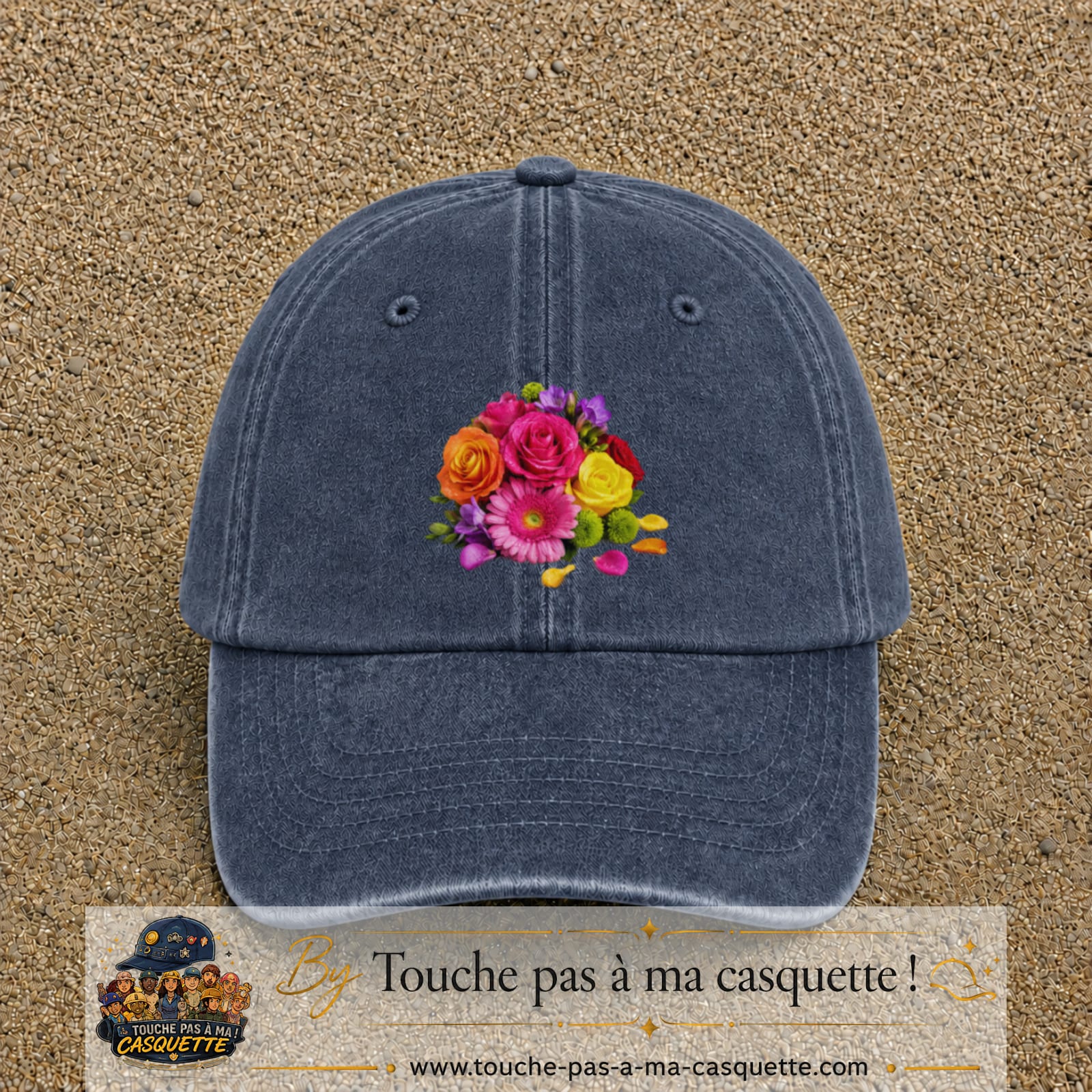 Casquette Bleu marine délavé motif Bouquet de fleurs logo 7 cm