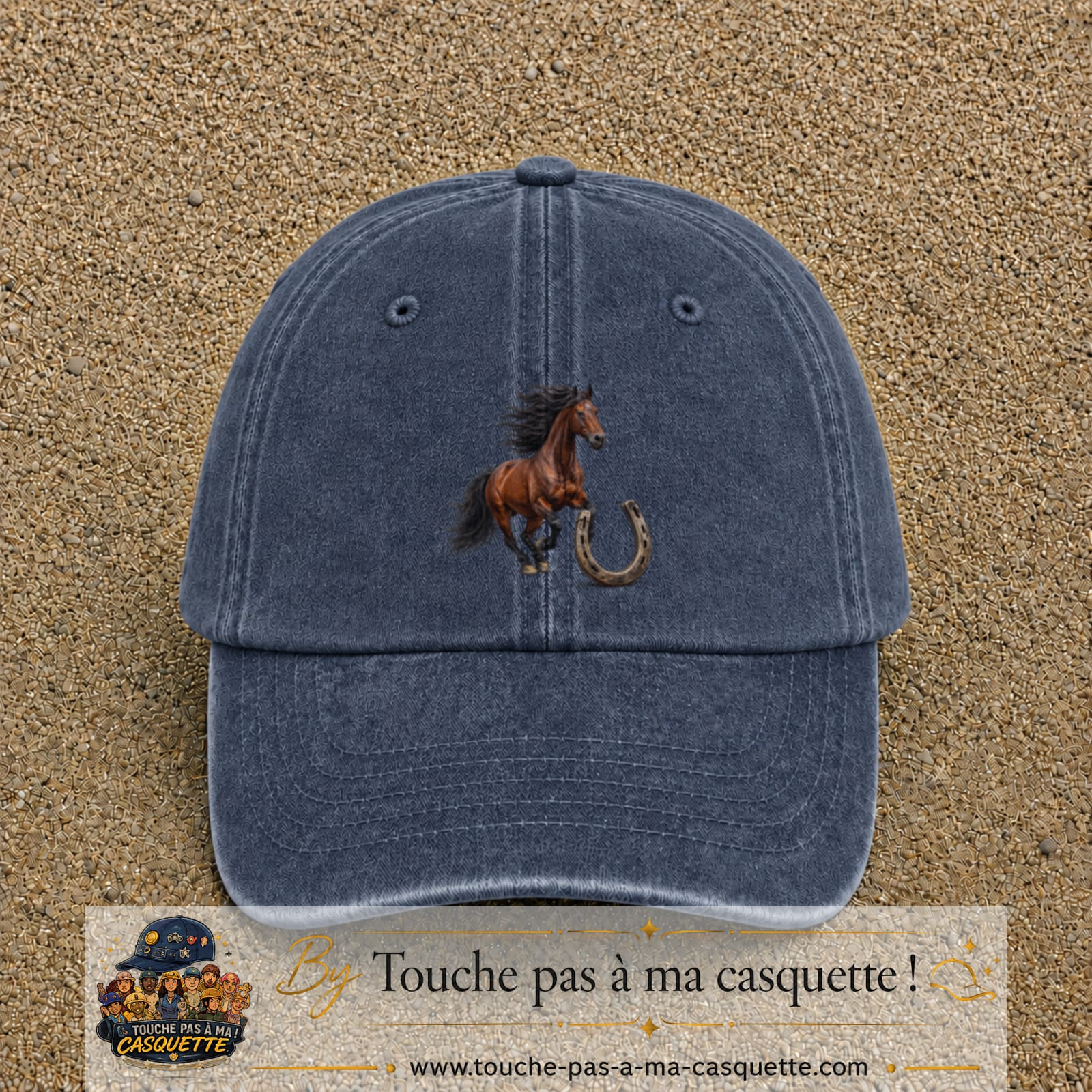 Image principale casquette Bleu marine délavé avec motif Cheval et fer porte-bonheur 7 cm