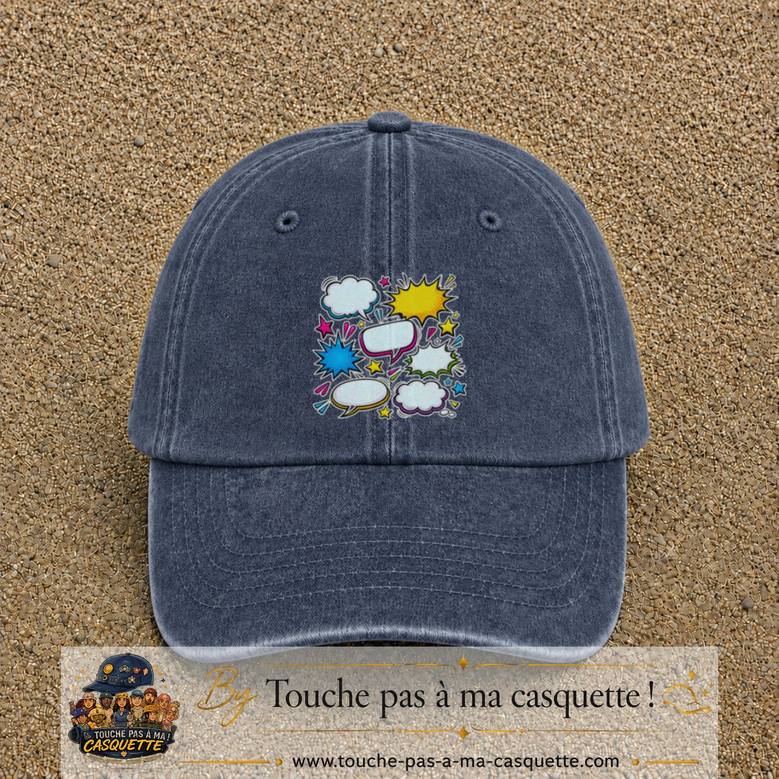 Casquette Bleu marine délavé motif Bulles de bande dessinée logo 7 cm
