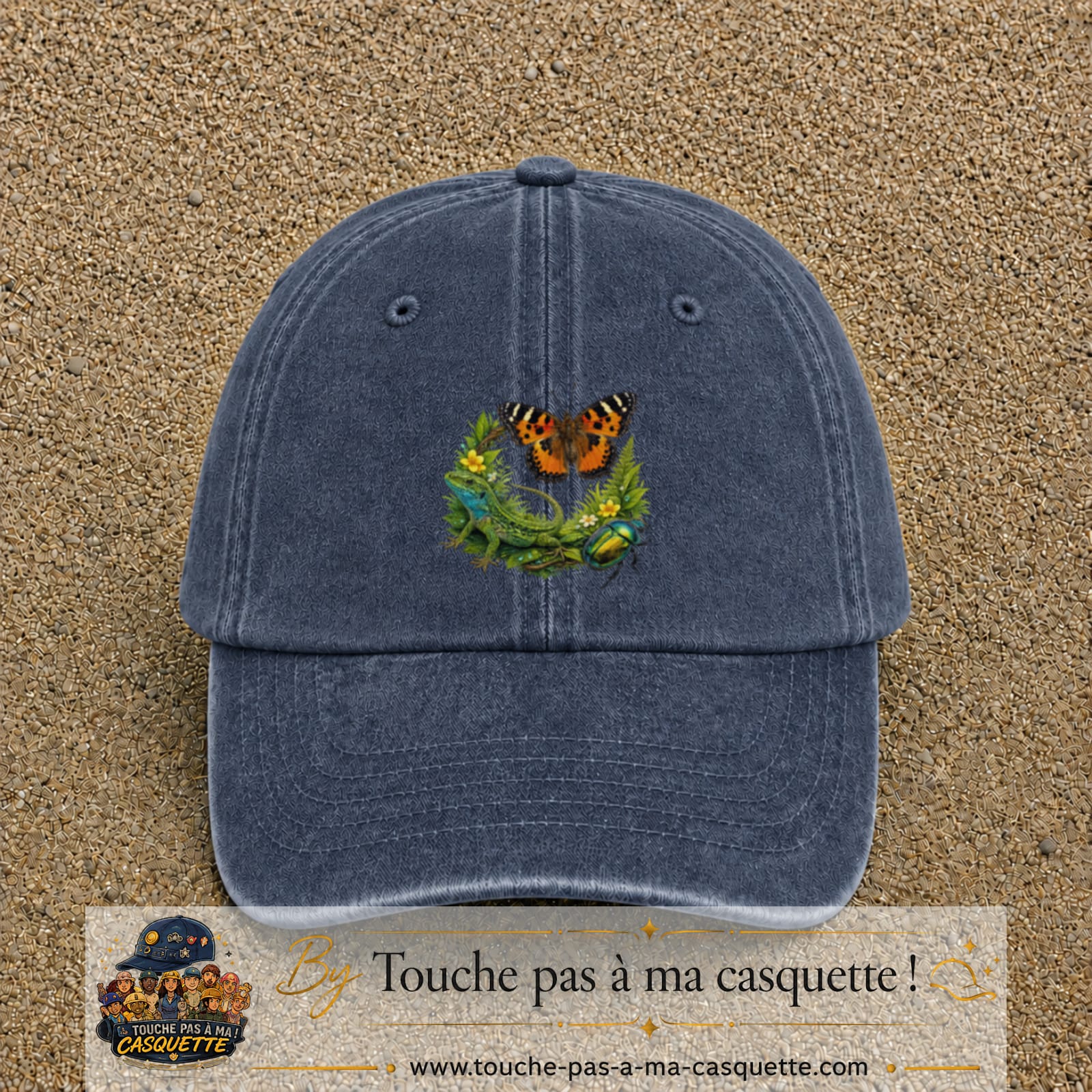 Image principale casquette Bleu marine délavé avec motif Papillon et lézard 7 cm