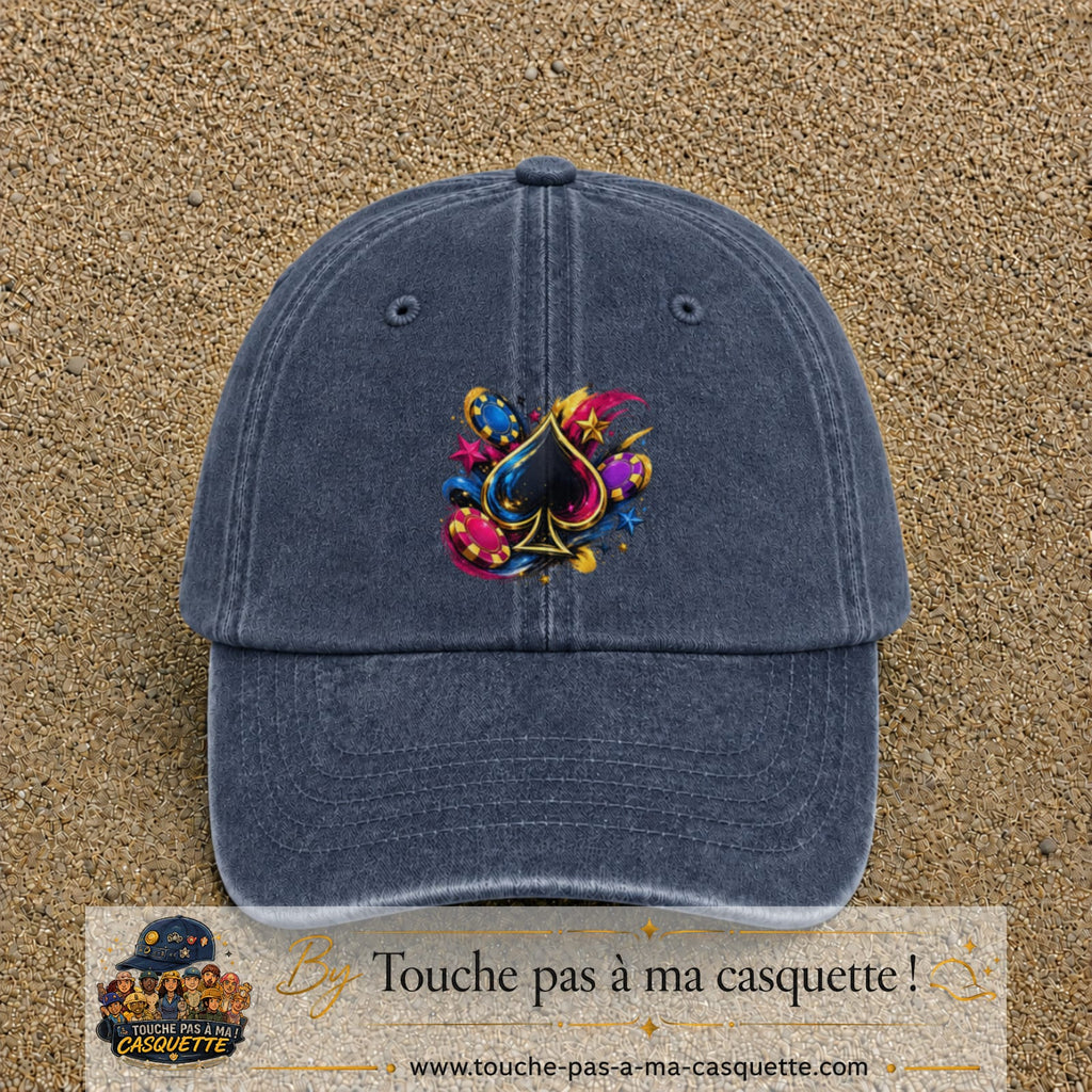 Casquette Bleu marine délavé avec motif As de pique et jetons de poker en 7 cm – vue principale