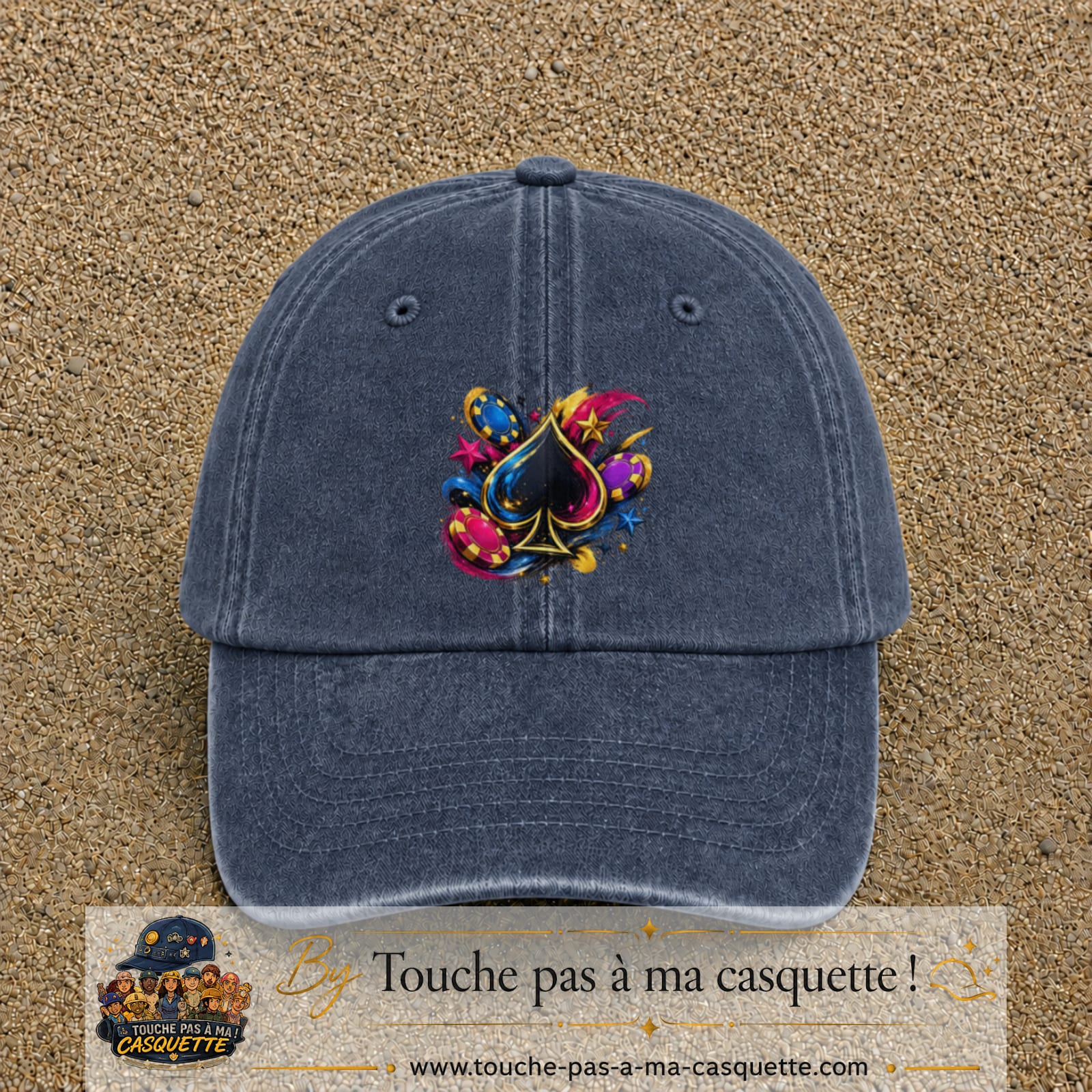 Casquette Bleu marine délavé avec motif As de pique et jetons de poker en 7 cm – vue principale