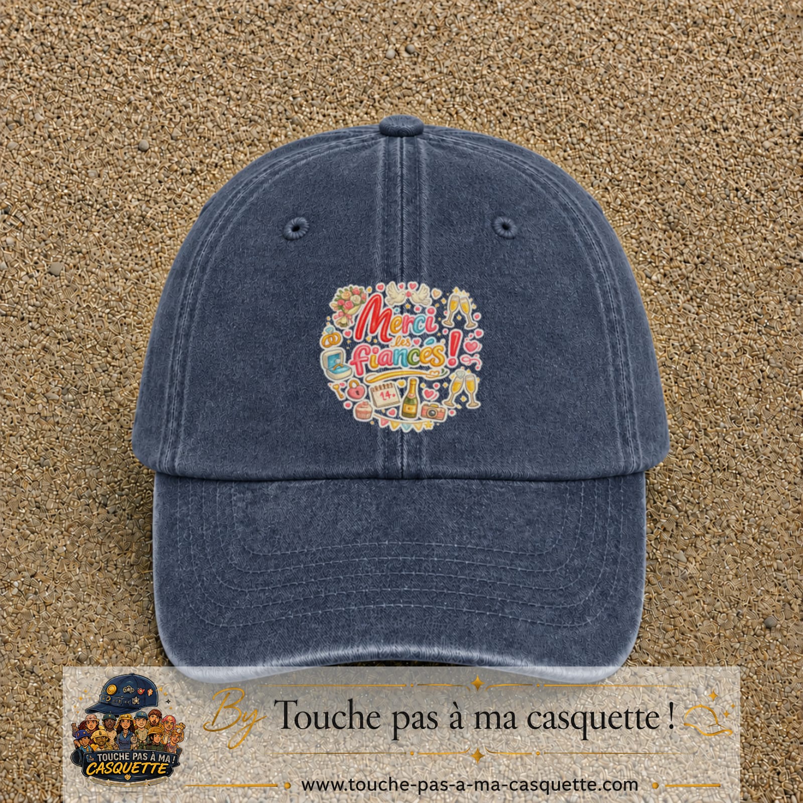Casquette Bleu marine délavé avec motif Merci les Fiancés en 7 cm – vue principale