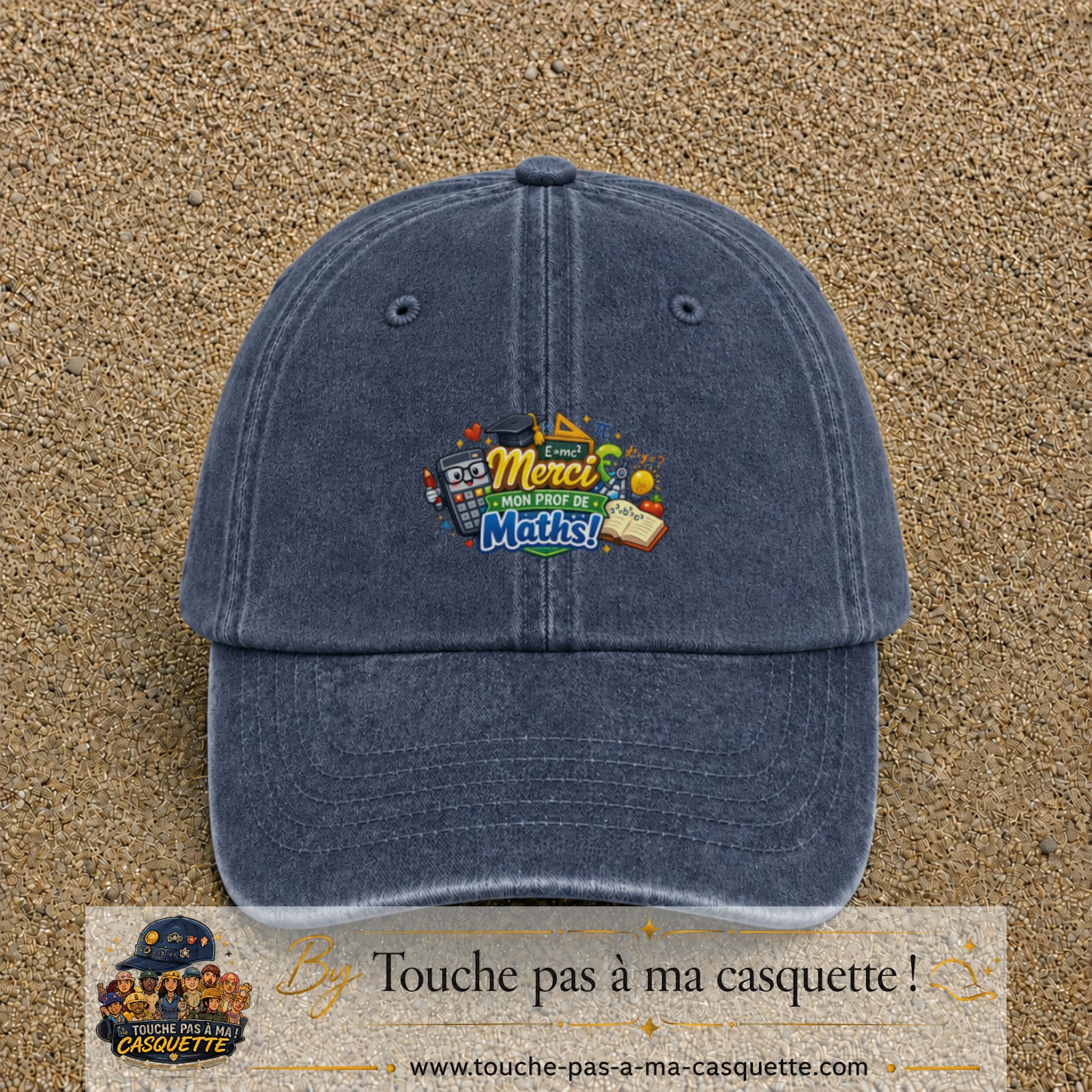 Casquette Bleu marine délavé avec motif Merci mon prof de maths en 5 cm – vue principale