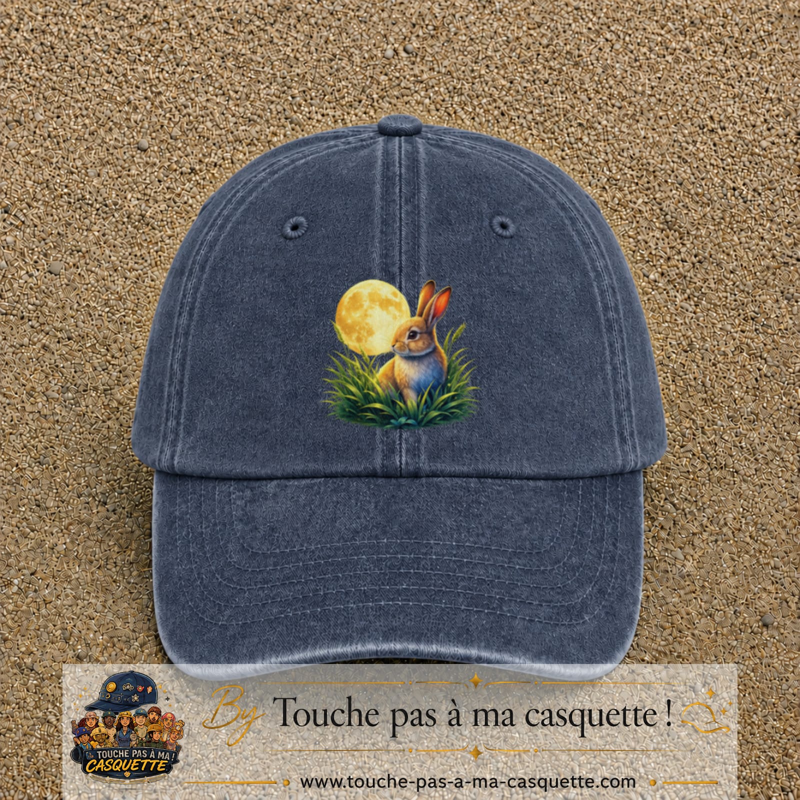 Casquette Bleu marine délavé motif Lapin sous la lune logo 7 cm