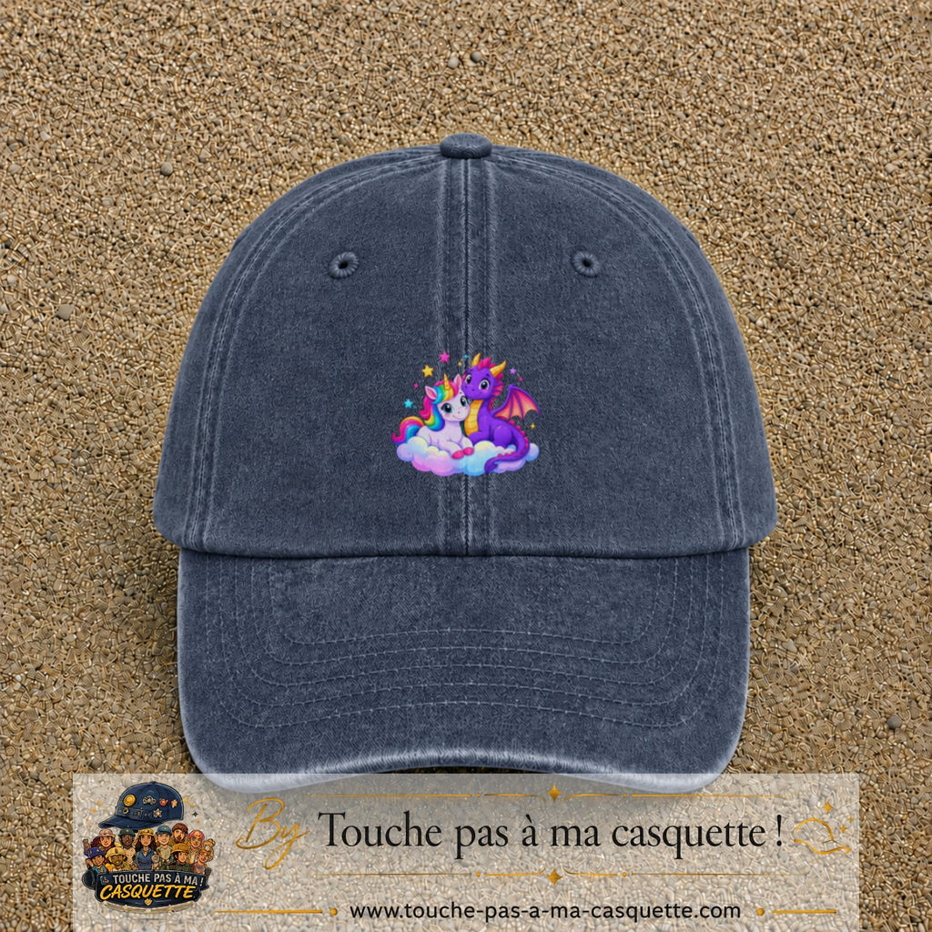 Casquette Bleu marine délavé motif Licorne et bébé dragon logo 5 cm