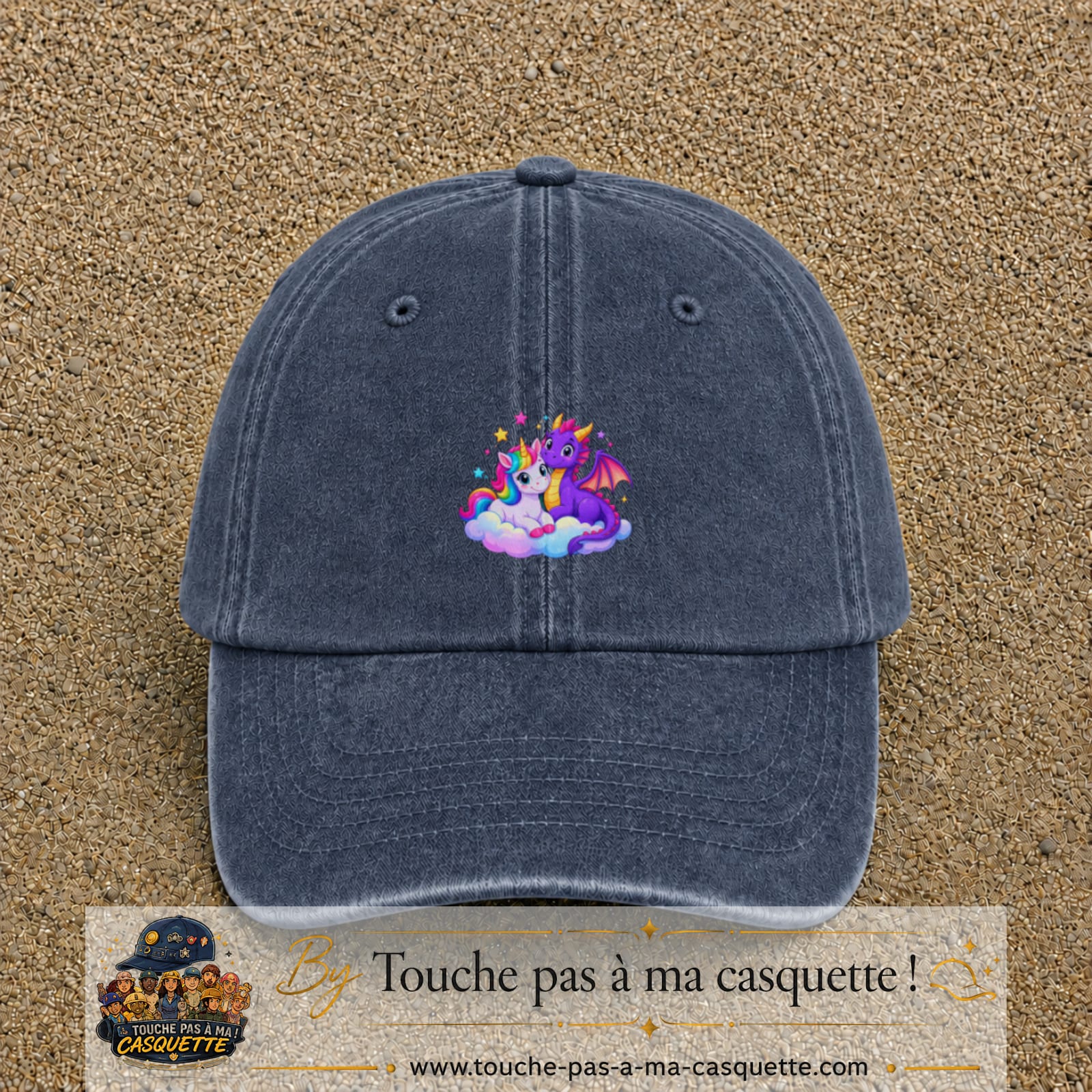 Casquette Bleu marine délavé motif Licorne et bébé dragon logo 5 cm
