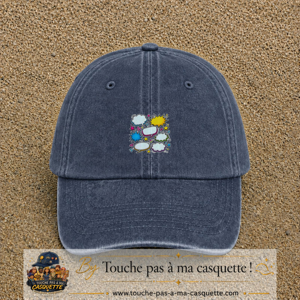 Casquette Bleu marine délavé motif Bulles de bande dessinée logo 5 cm
