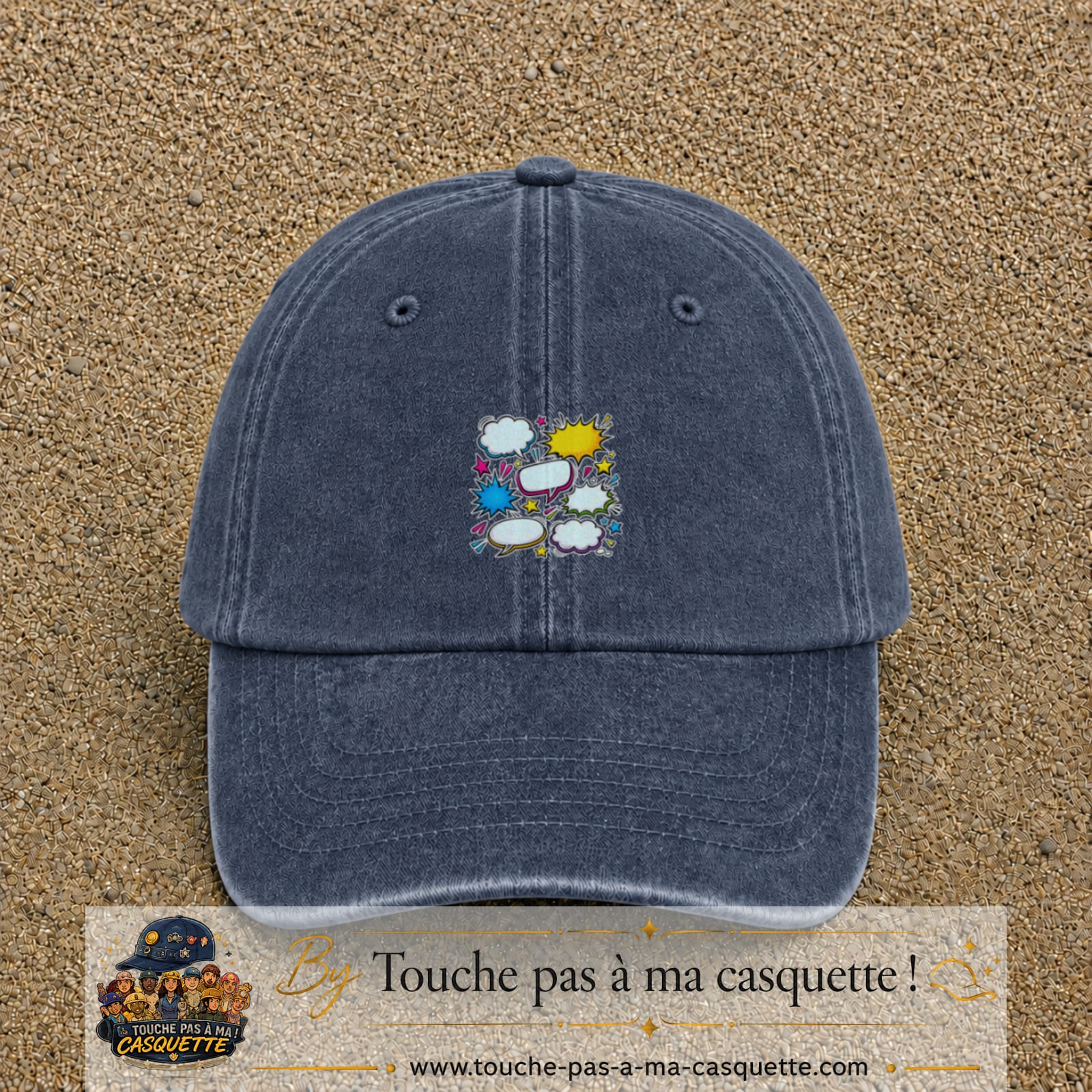 Casquette Bleu marine délavé motif Bulles de bande dessinée logo 5 cm