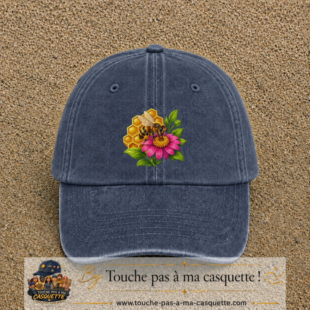 Casquette Bleu marine délavé motif Abeille et miel logo 7 cm