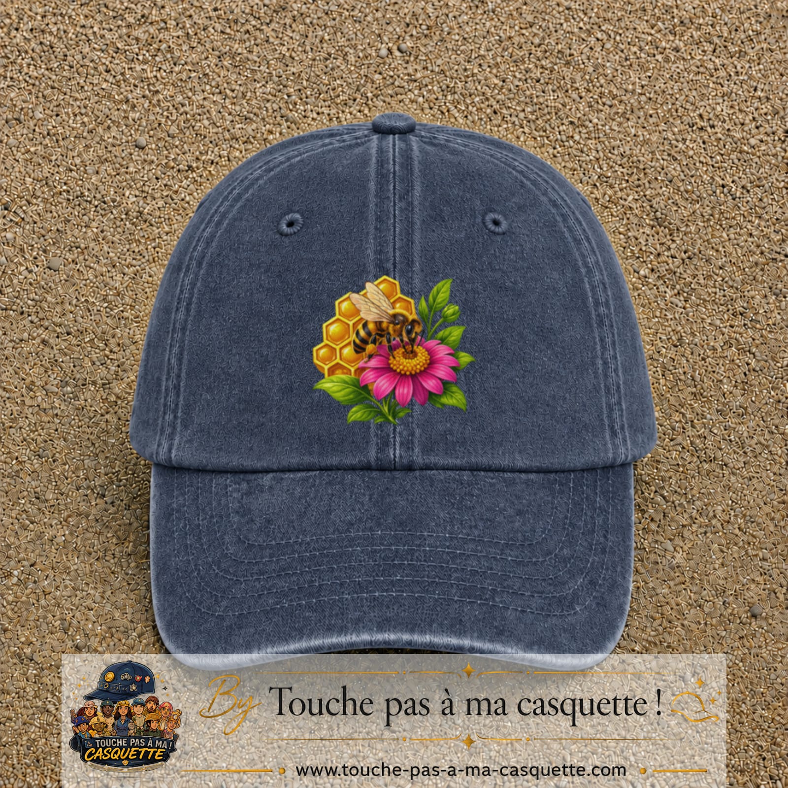 Casquette Bleu marine délavé motif Abeille et miel logo 7 cm