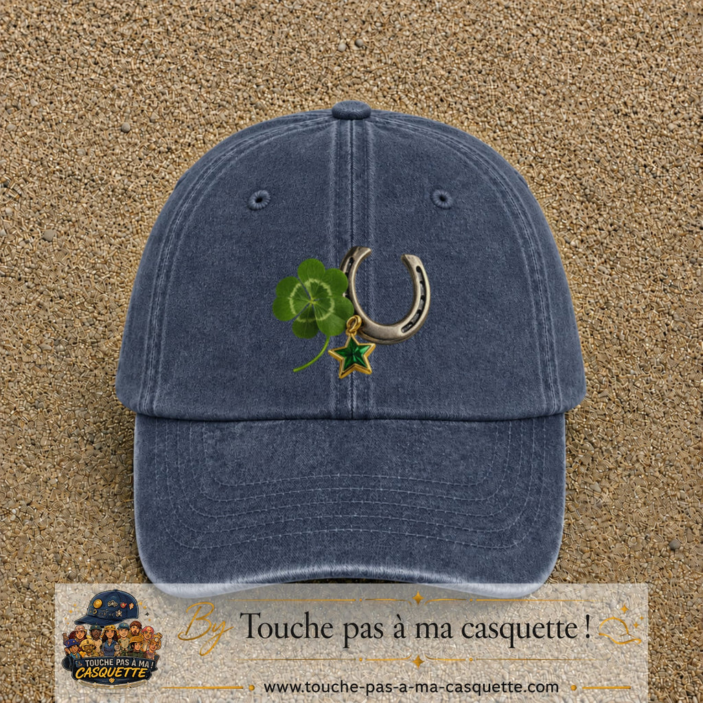 Image principale casquette Bleu marine délavé avec motif Trèfle et fer à cheval 7 cm