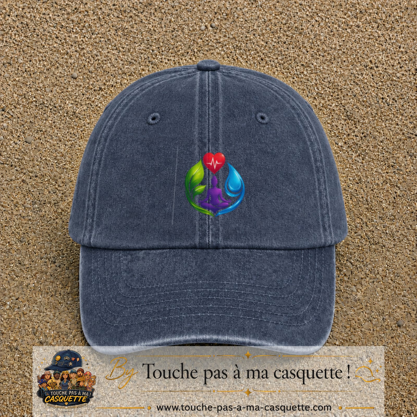 Casquette Bleu marine délavé motif Yoga santé logo 7 cm