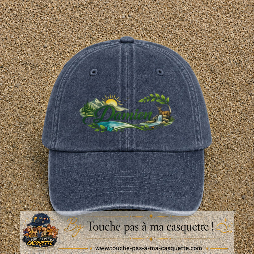 Casquette Bleu marine délavé avec motif Prénom Damien nature et cerf en 7 cm – vue principale